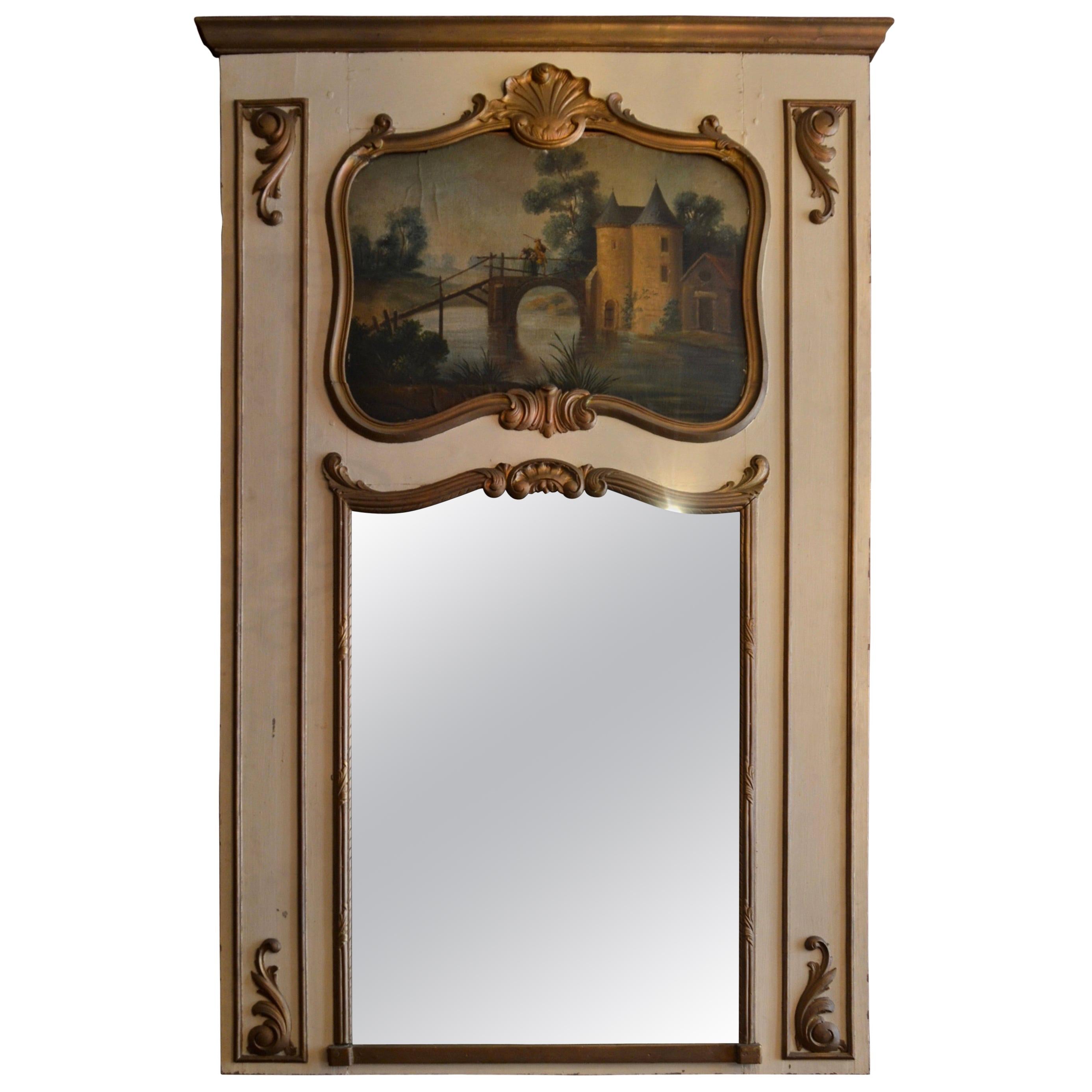 Antiker französischer Trumeau-Spiegel aus Holz mit mehrfarbiger Landschaftssszene, antik