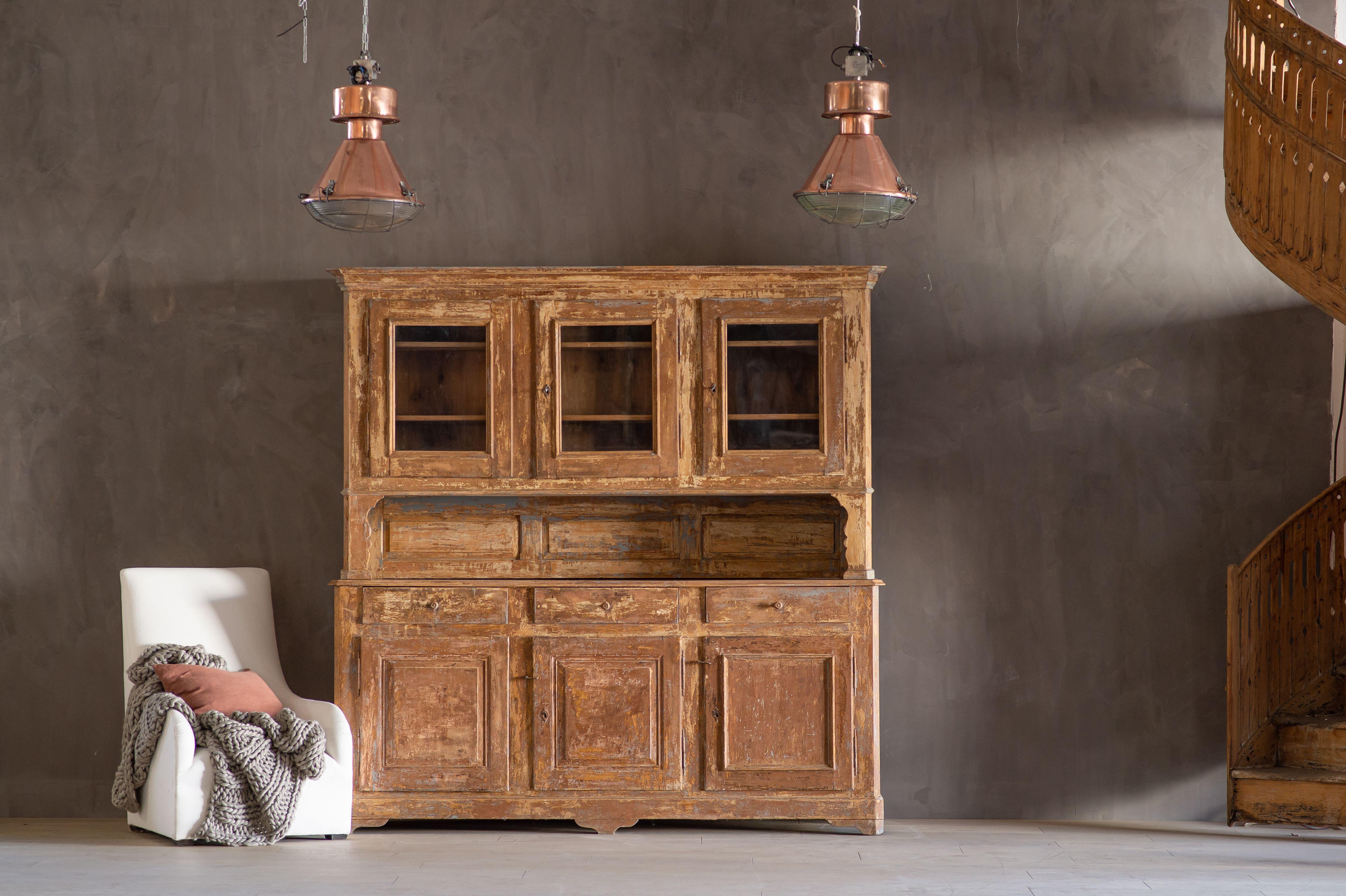 Antique French Wood Two-Piece Cabinet In Good Condition For Sale In Fullerton, CA