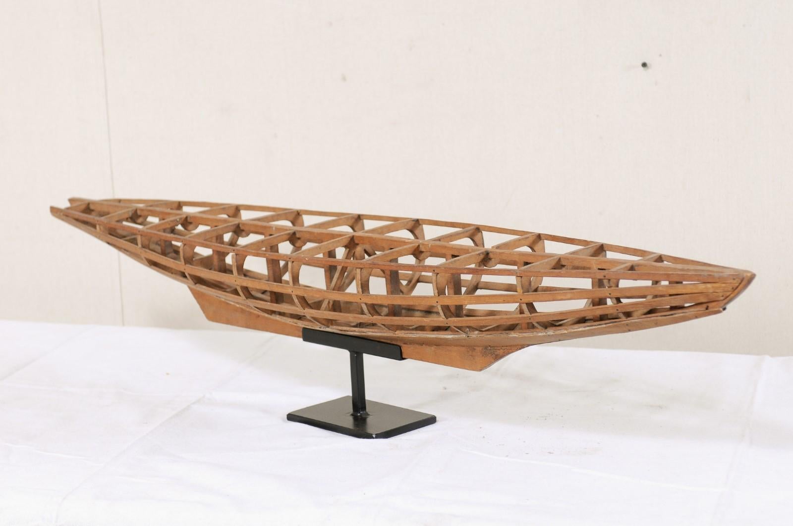 Antique French Wooden Boat Model on Custom Stand, Turn of the Century In Good Condition In Atlanta, GA