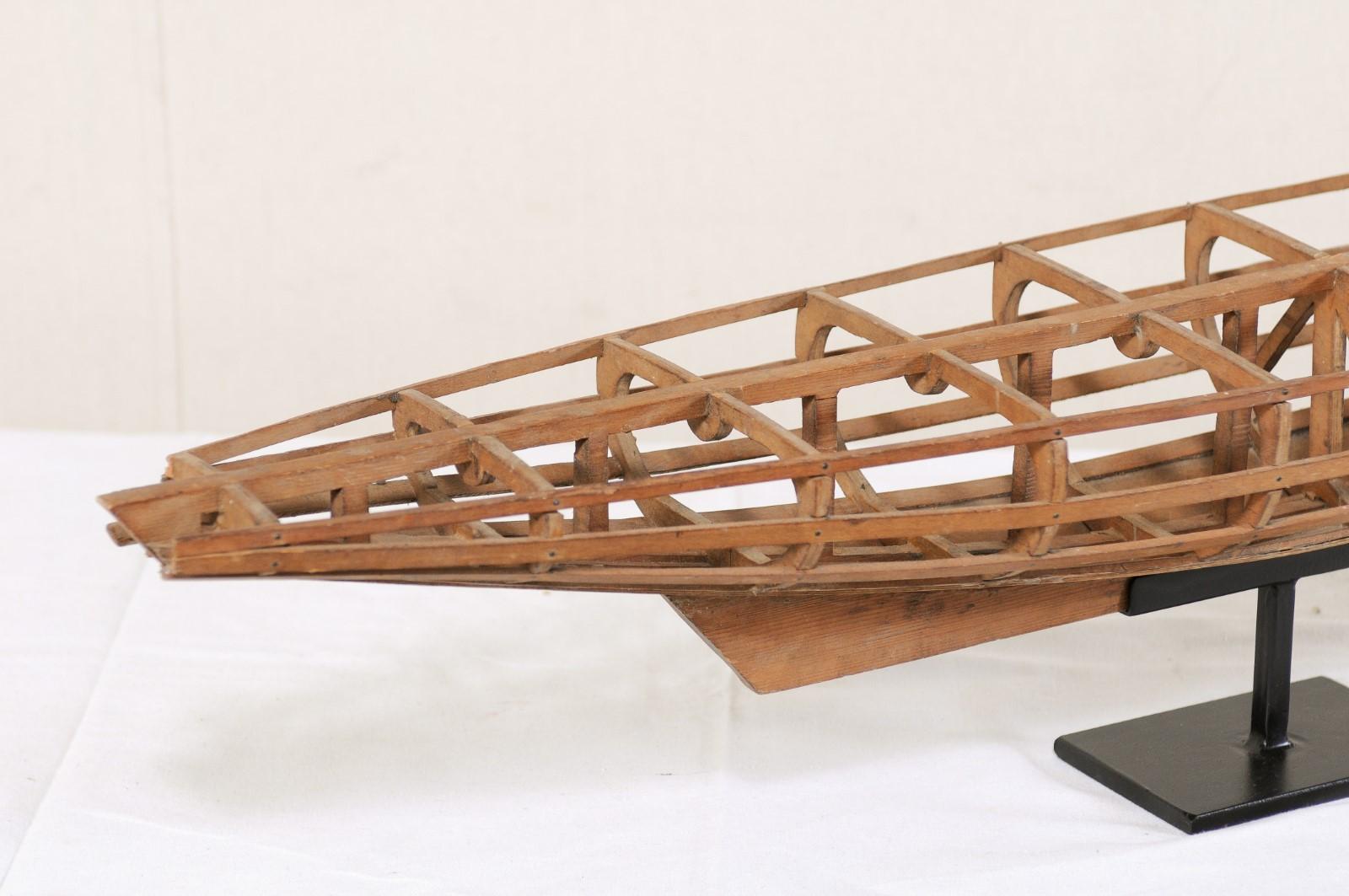 19th Century Antique French Wooden Boat Model on Custom Stand, Turn of the Century