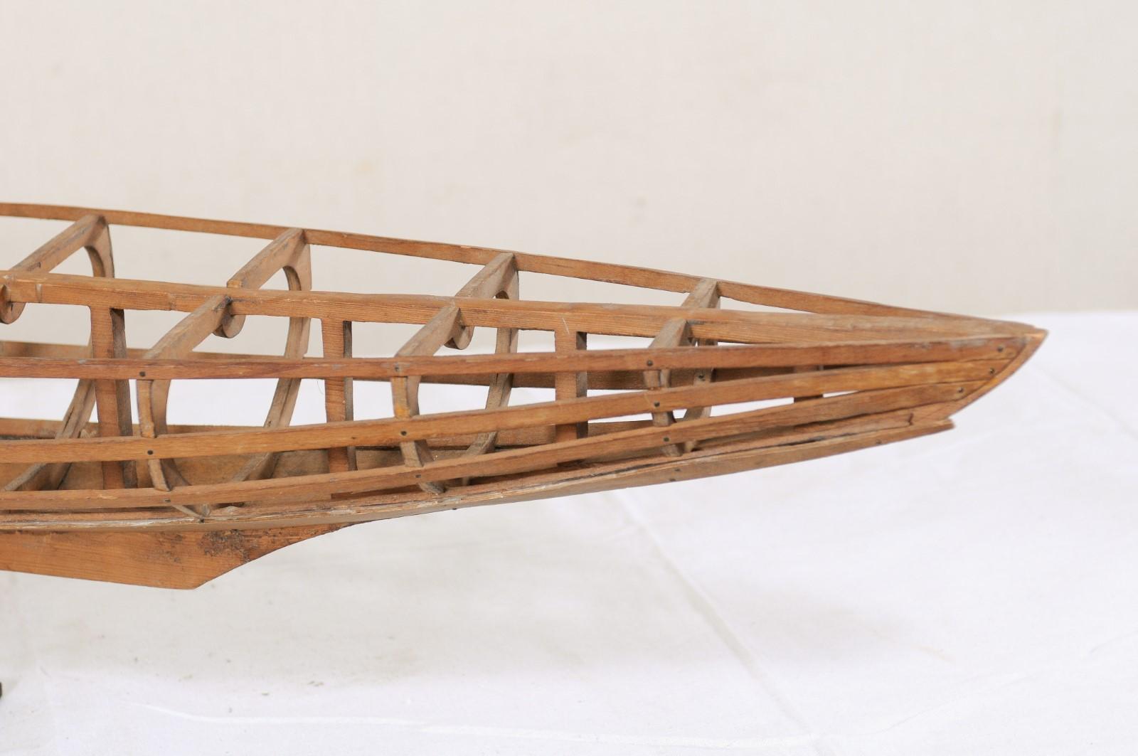 Antique French Wooden Boat Model on Custom Stand, Turn of the Century 1