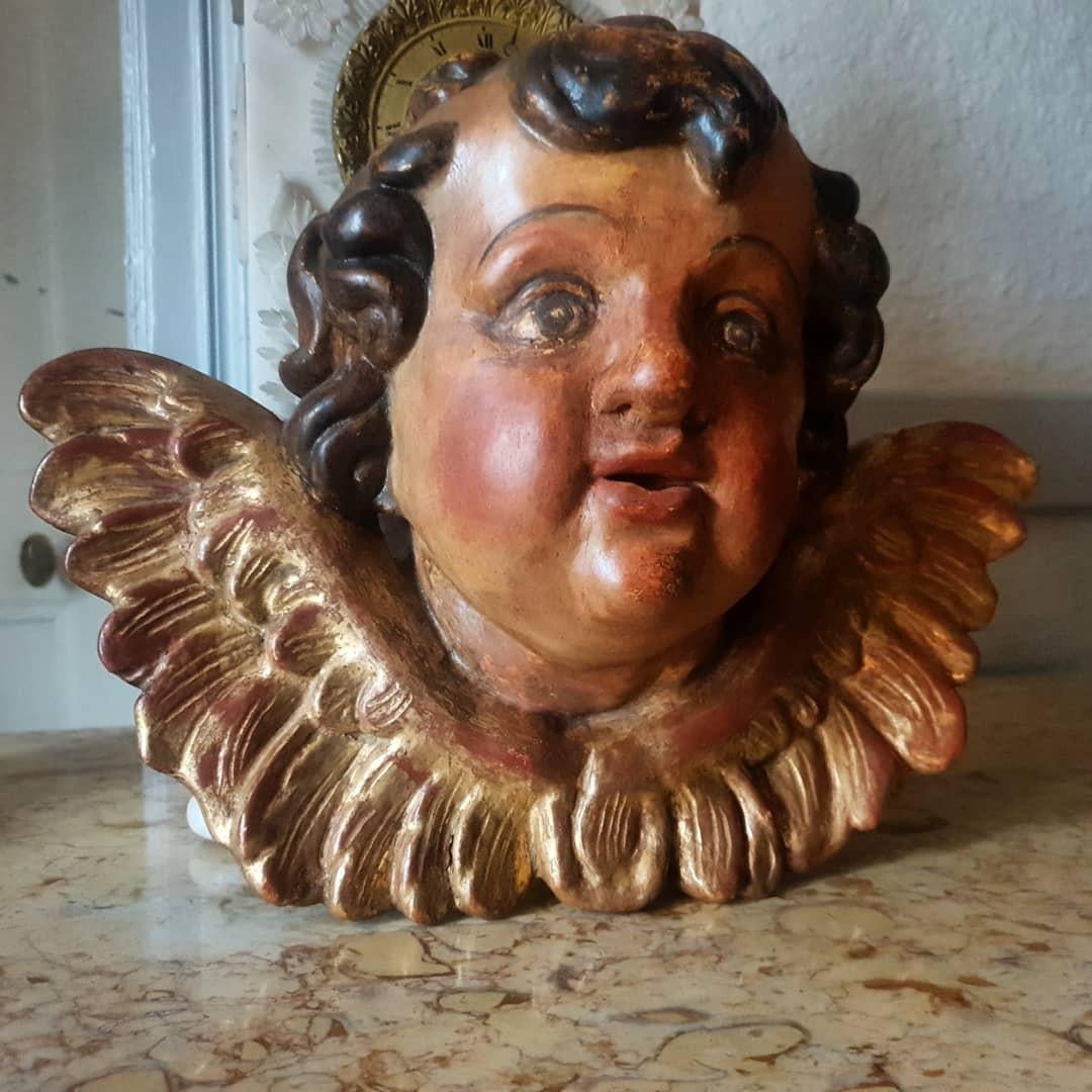Hand-Carved Antique Bust French Wooden Carving with Decorative Cherub Head For Sale