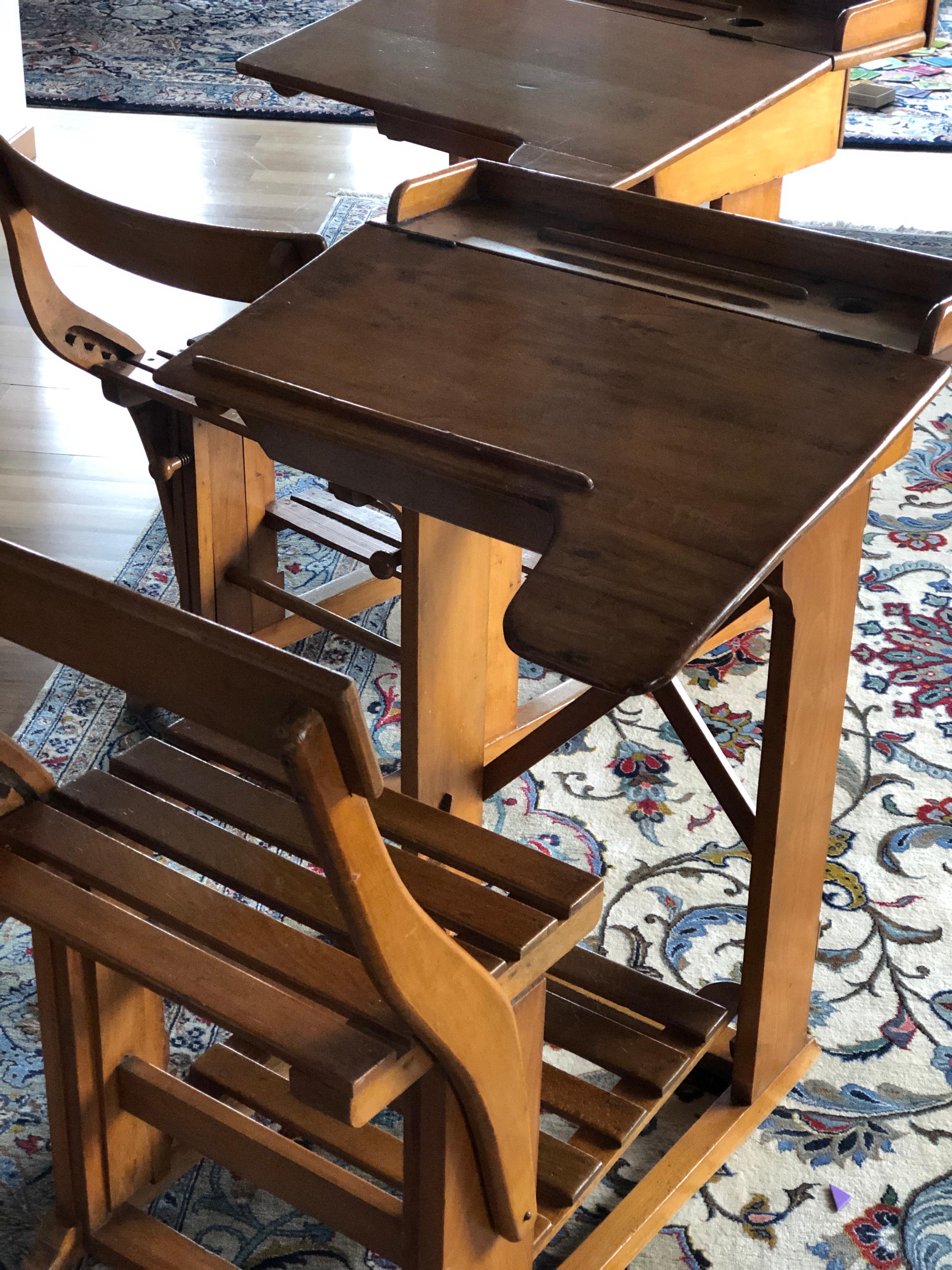 Antique French Wooden Children's Writing Tables Desks and Adjustable Seats For Sale 6
