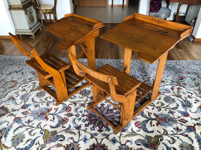 Oak Antique French Wooden Children's Writing Tables Desks and Adjustable Seats For Sale