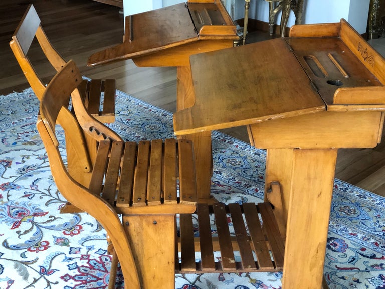 Antique French Wooden Children's Writing Tables Desks and Adjustable Seats For Sale 1