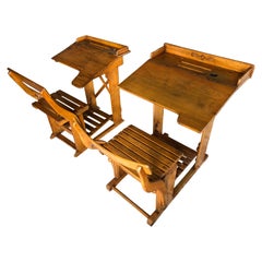 Retro French Wooden Children's Writing Tables Desks and Adjustable Seats