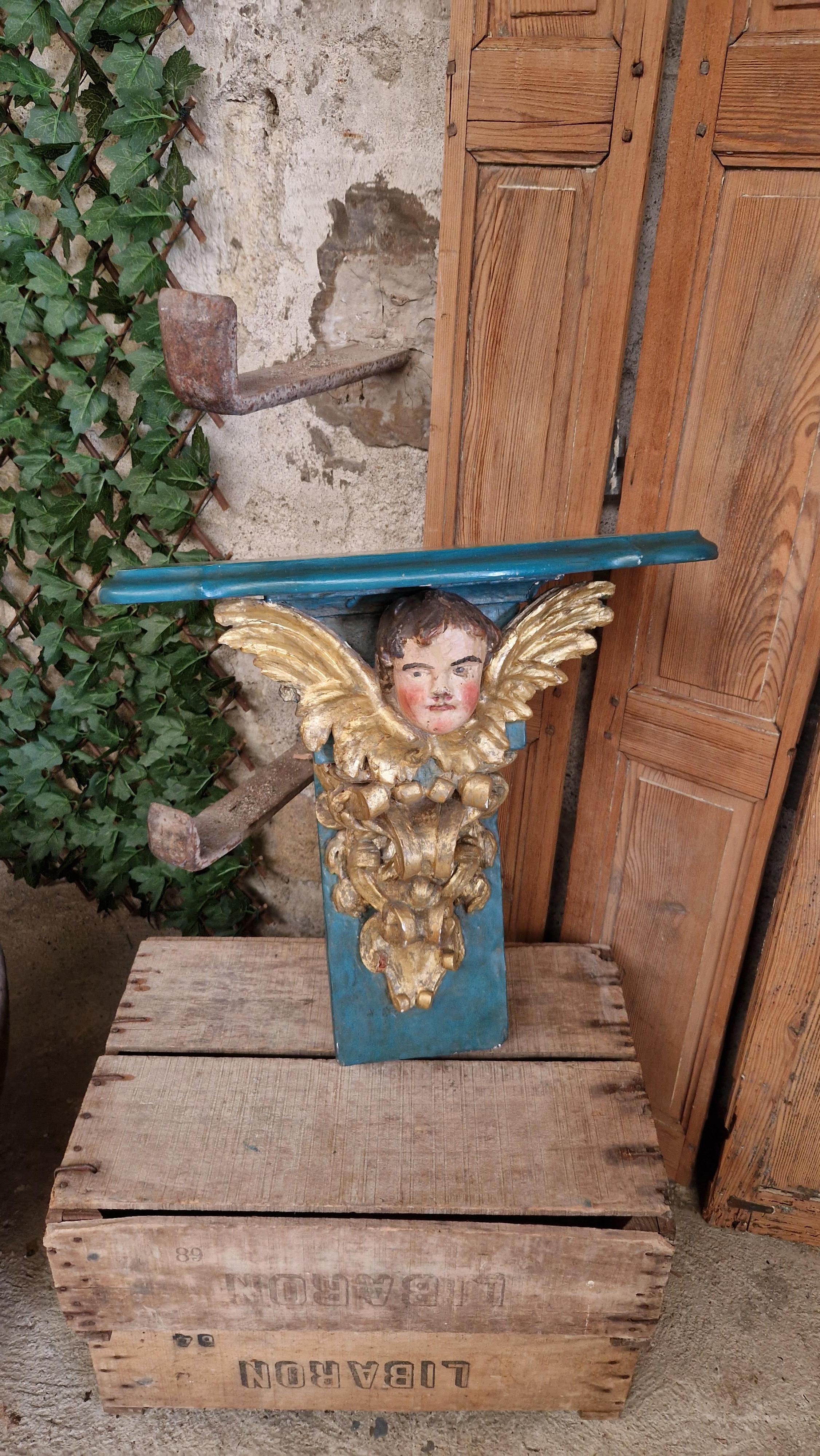 Ancienne console d'église décorative française en forme de chérubin turquoise  en vente 3