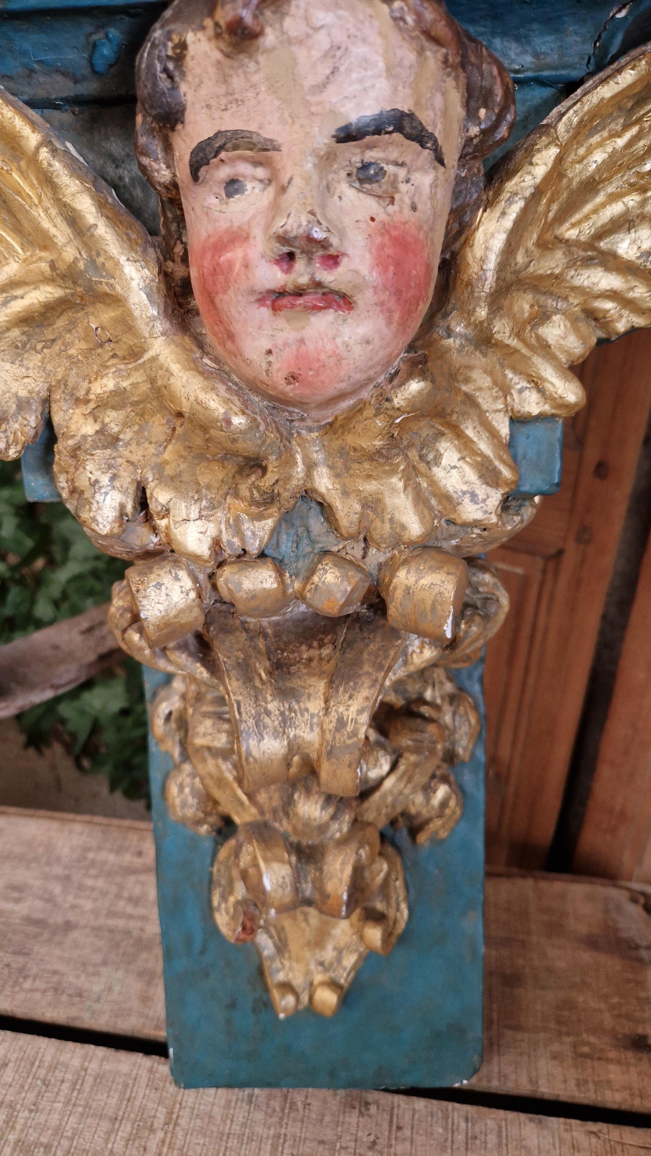 Antique Church Console French Decorative Cherub Turquoise  For Sale 5