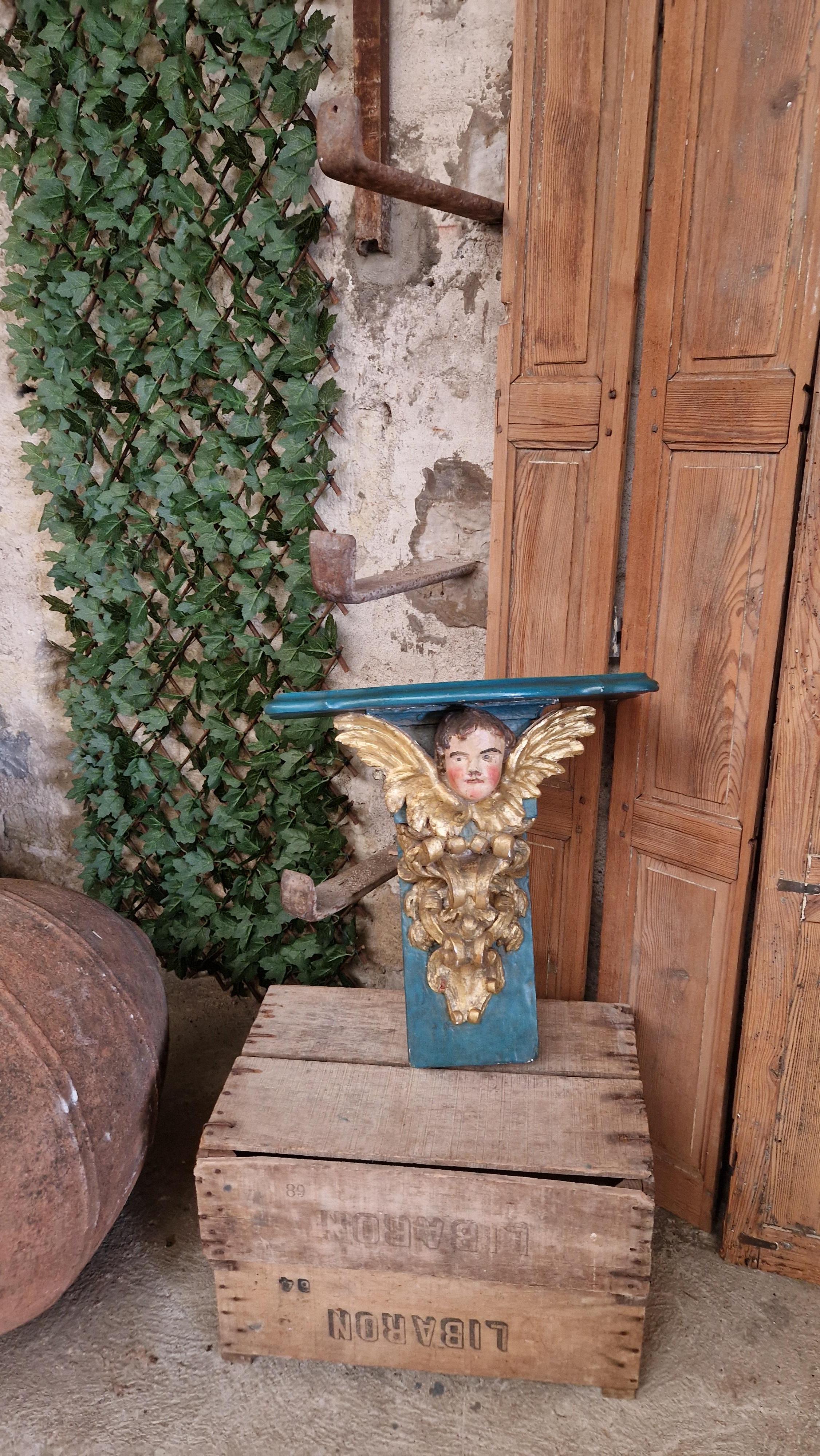 Ancienne console d'église décorative française en forme de chérubin turquoise  en vente 5