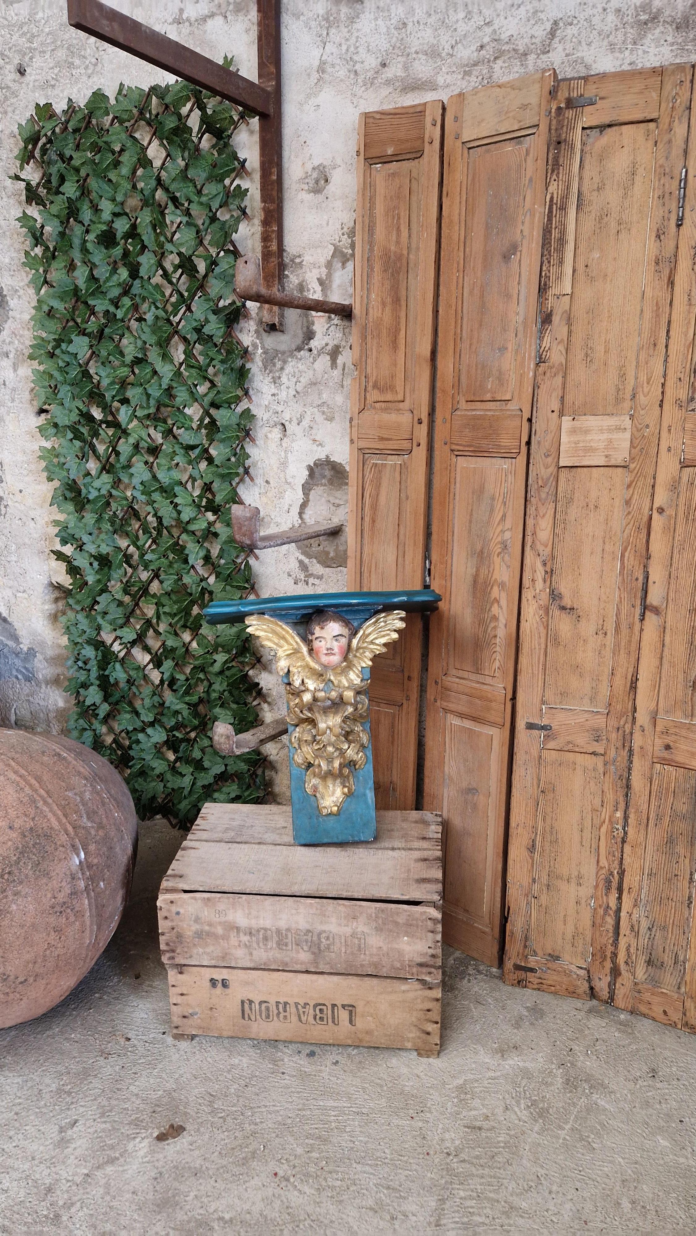 Ancienne console d'église décorative française en forme de chérubin turquoise  en vente 7