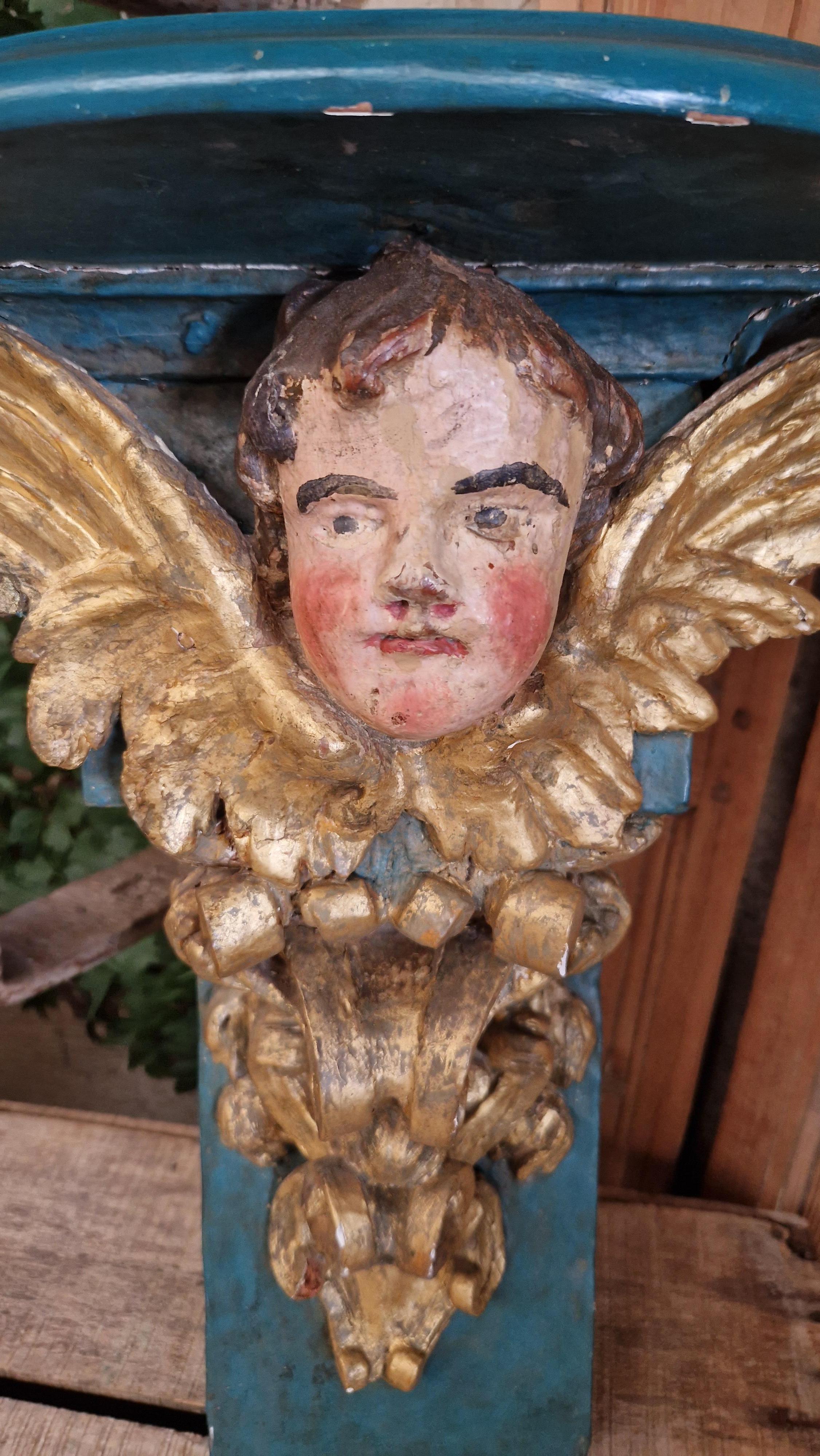 Antique Church Console French Decorative Cherub Turquoise  For Sale 9