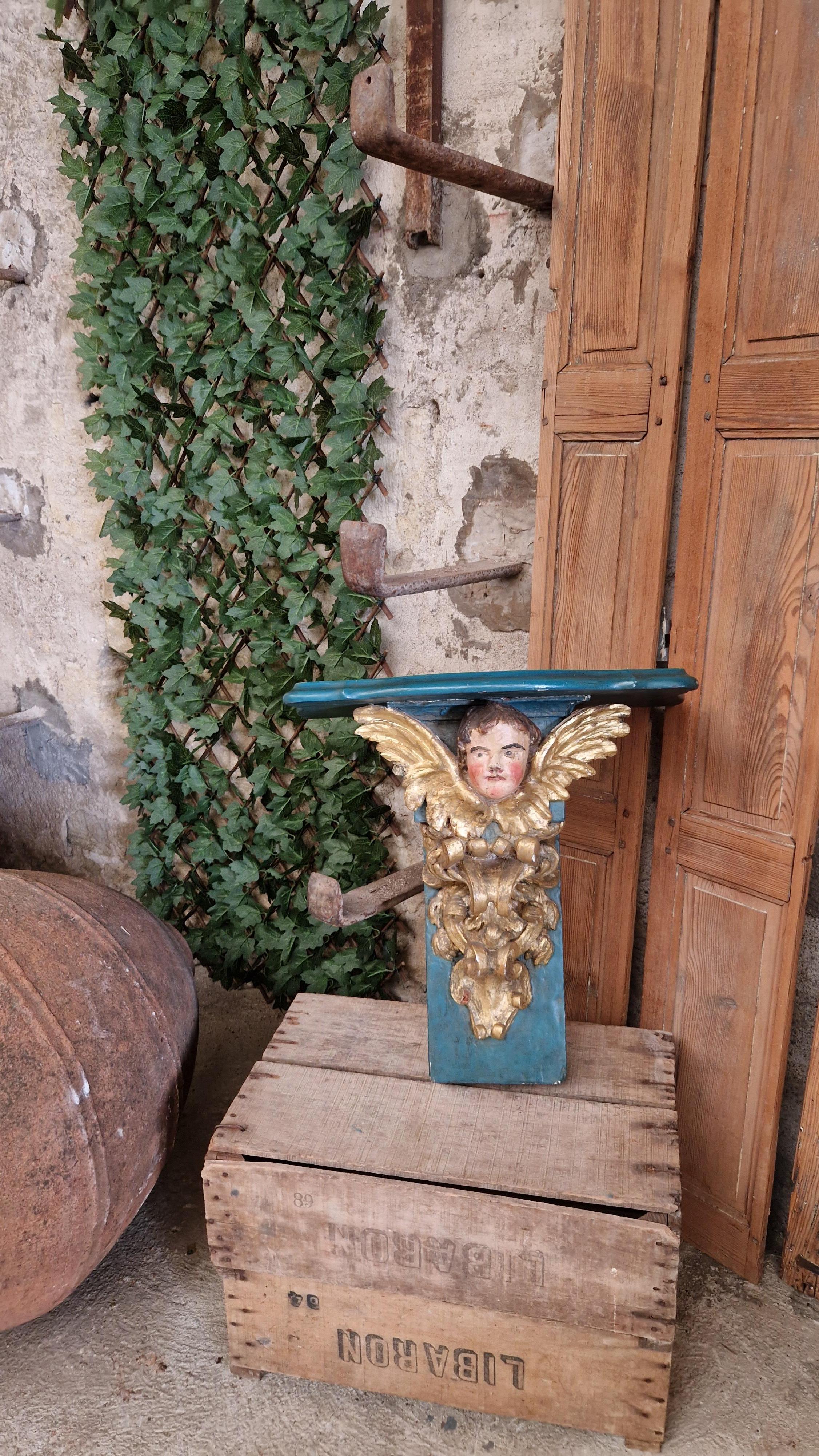 Ancienne console d'église décorative française en forme de chérubin turquoise  en vente 9