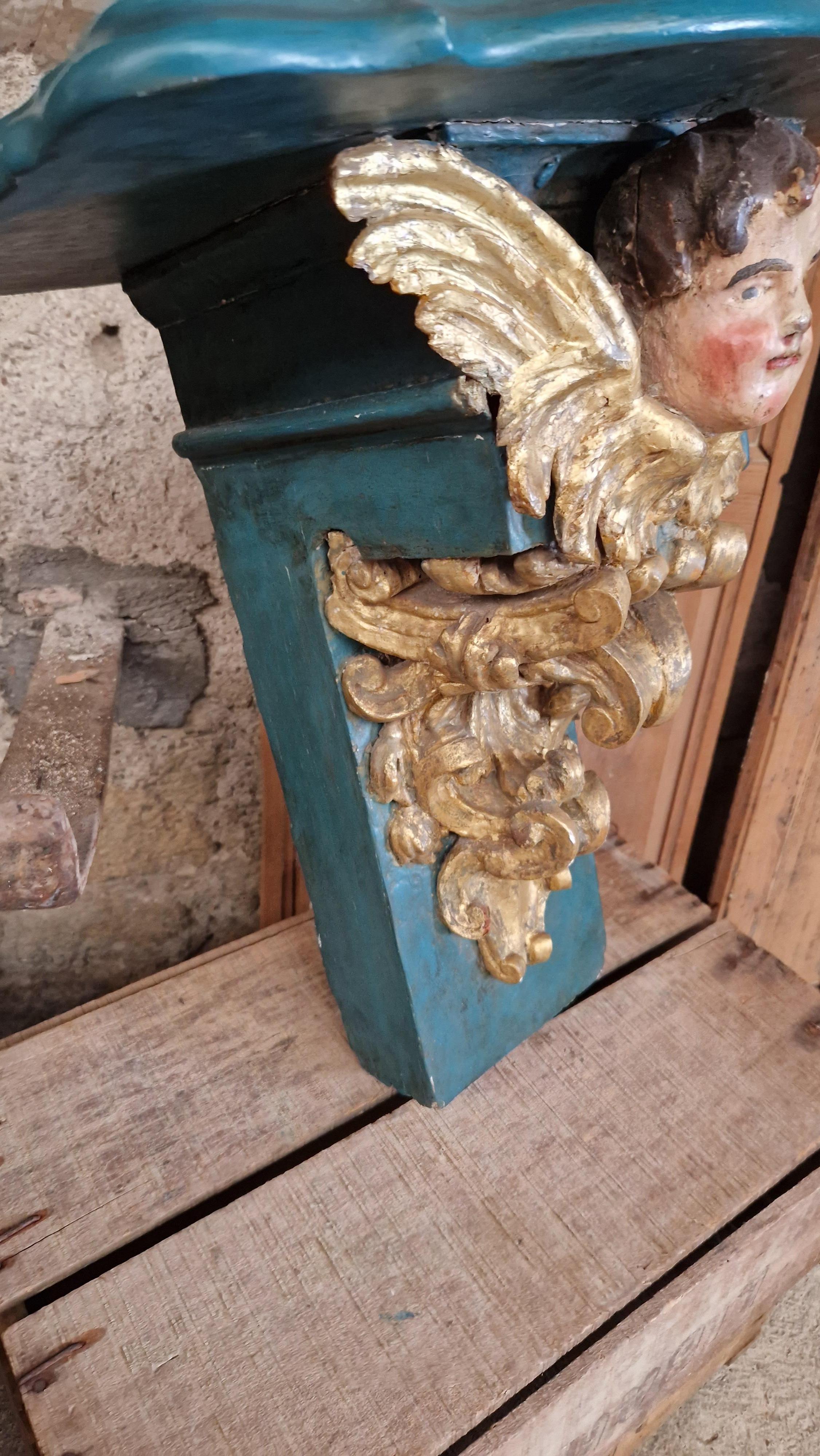 19th Century Antique Church Console French Decorative Cherub Turquoise  For Sale