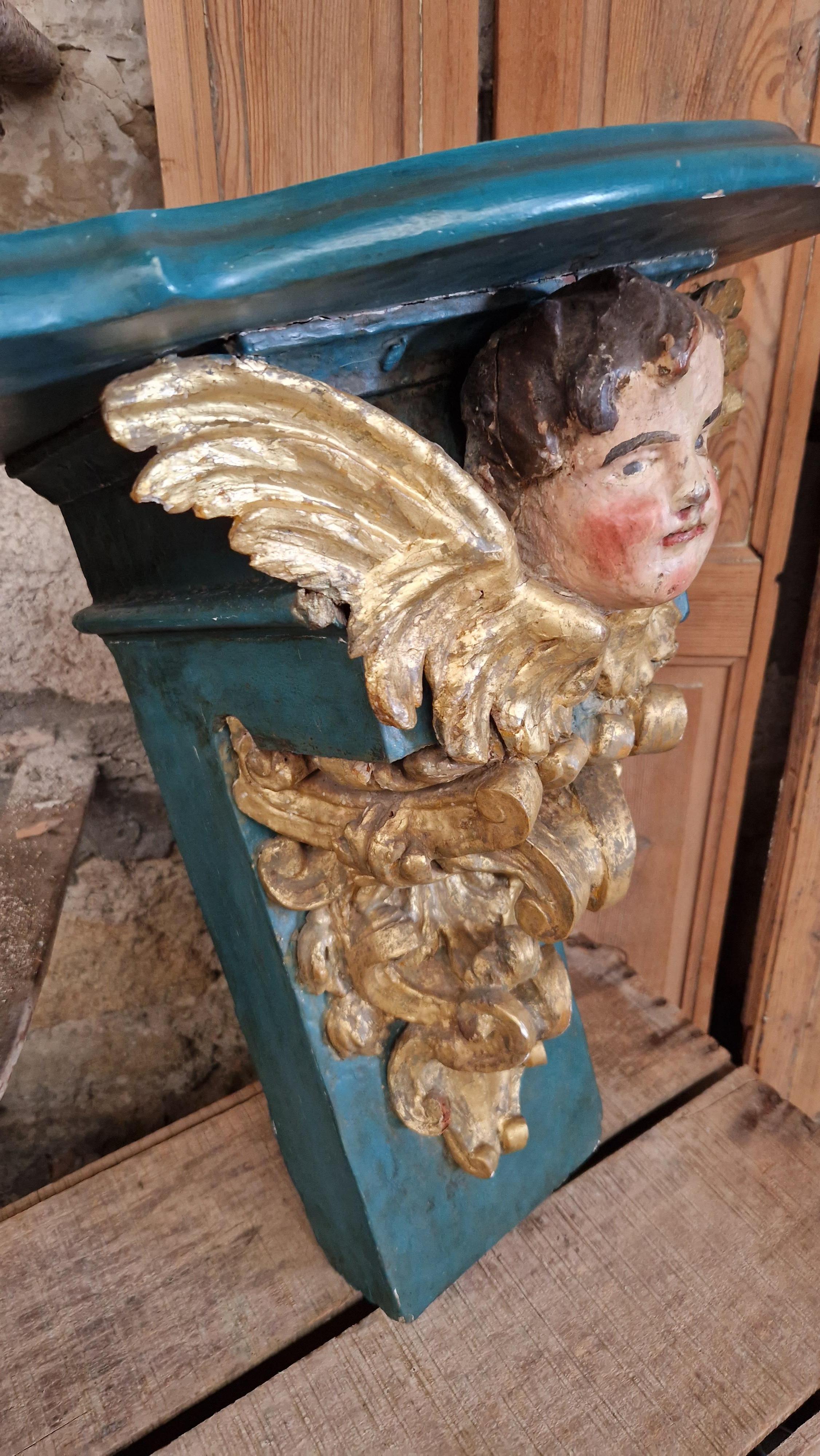 Wood Antique Church Console French Decorative Cherub Turquoise  For Sale