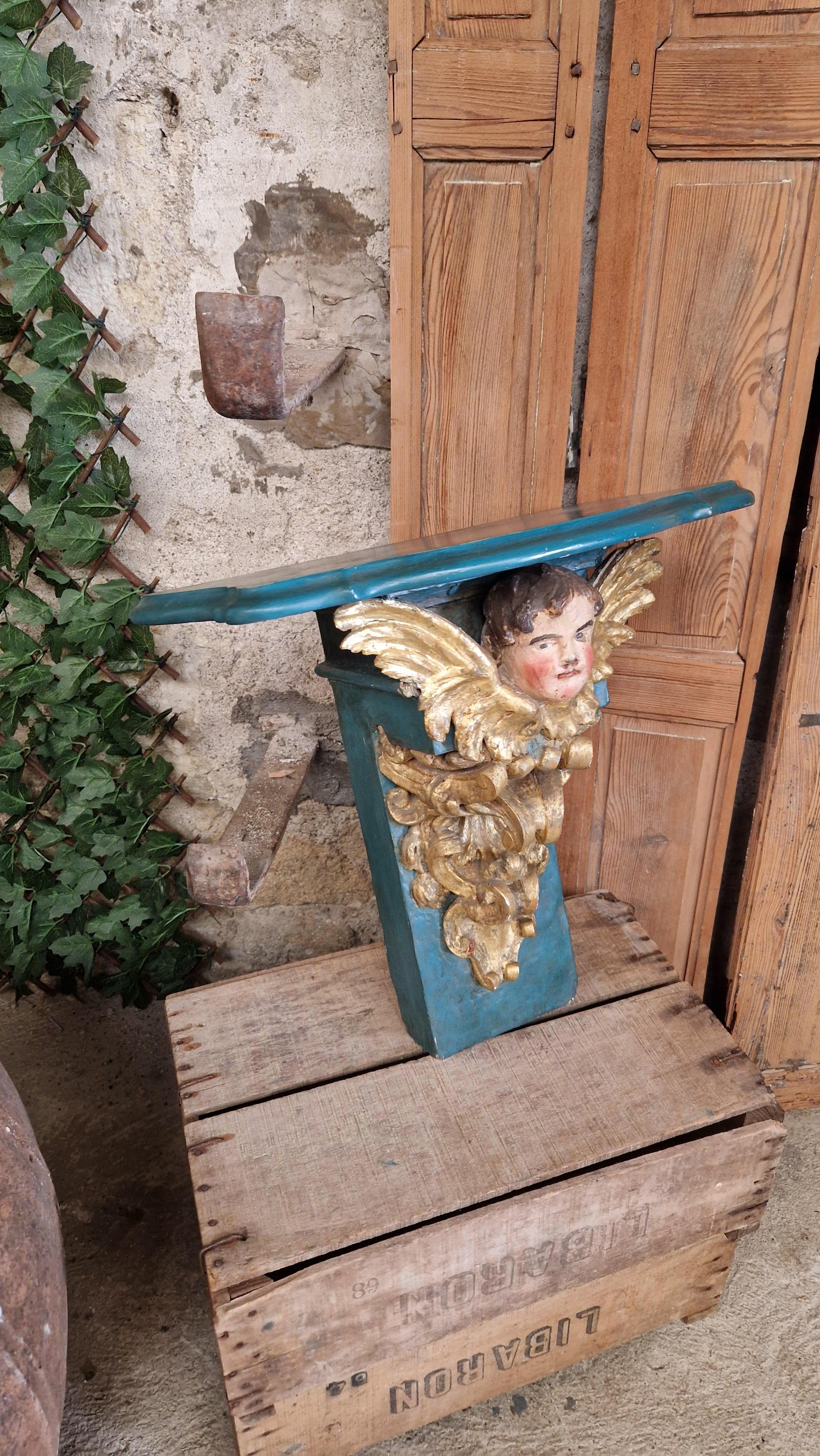 Ancienne console d'église décorative française en forme de chérubin turquoise  en vente 1
