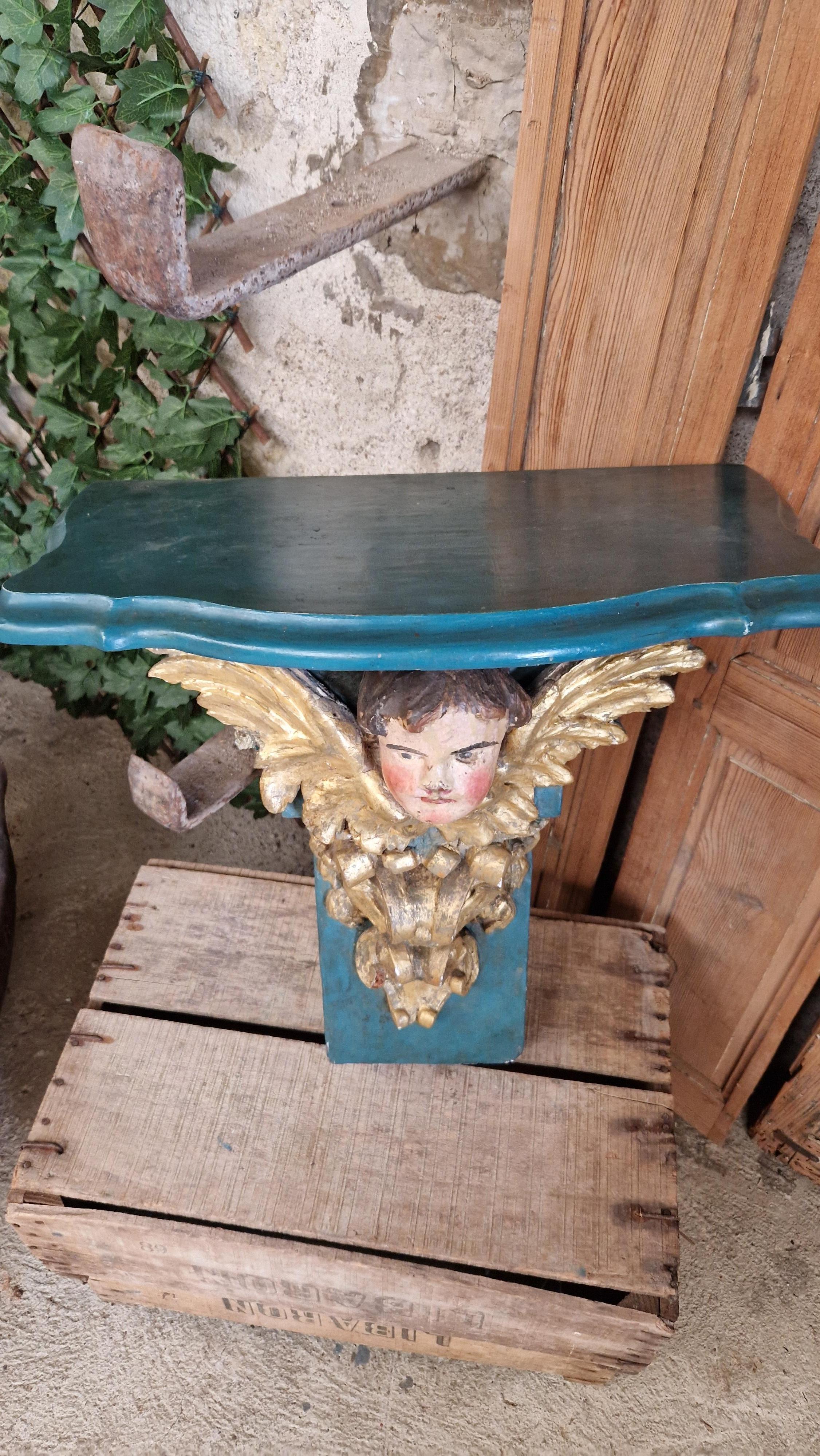 Ancienne console d'église décorative française en forme de chérubin turquoise  en vente 2