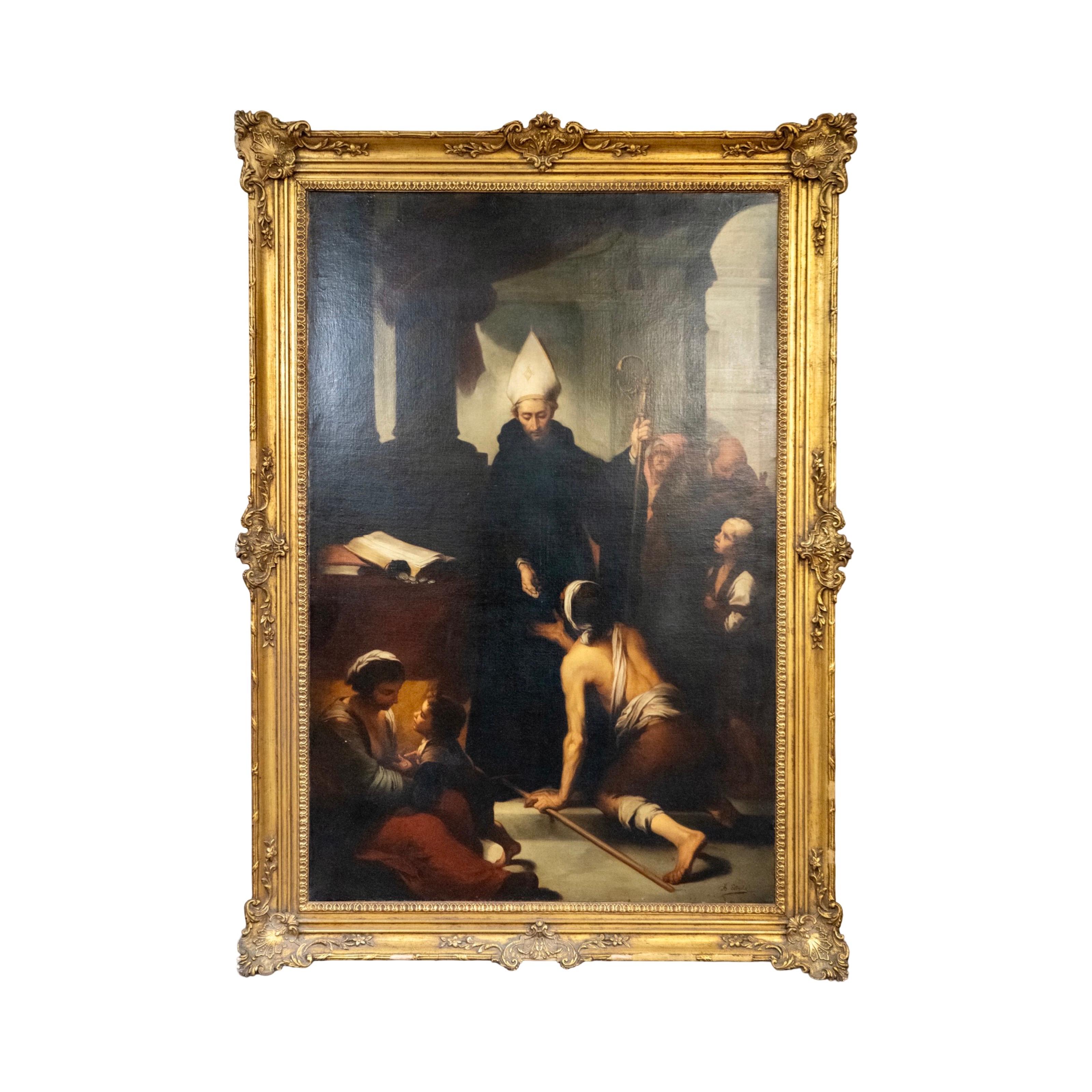 Antikes französisches religiöses Ölgemälde mit Holzrahmen im Angebot 1