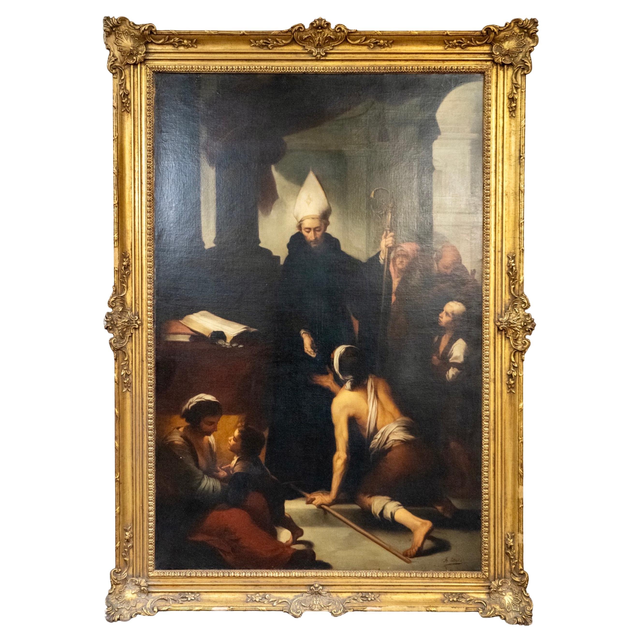 Antique French Wooden-Framed Religious Oil Painting (peinture à l'huile religieuse encadrée en bois)