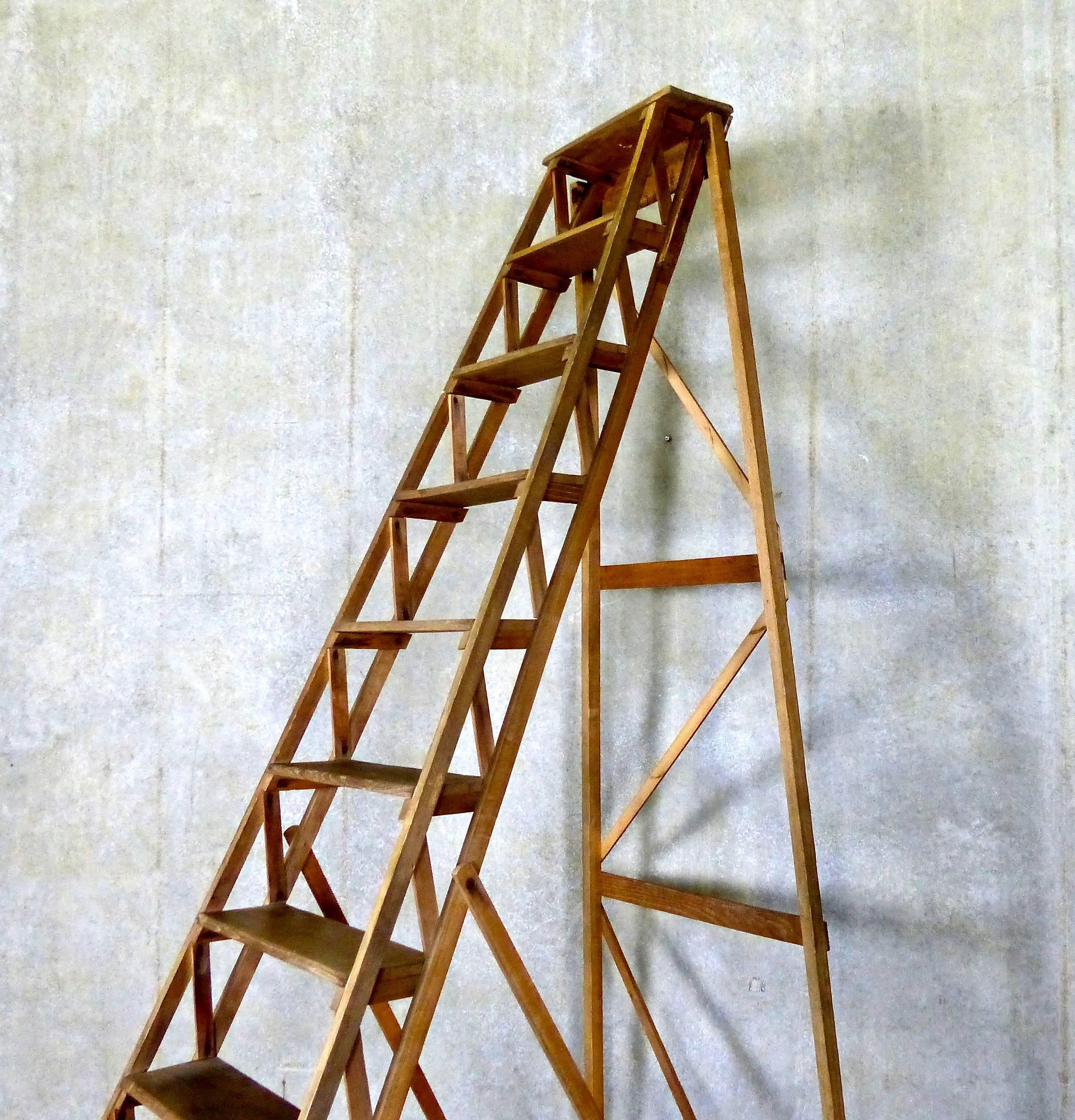 Industrial Antique French Wooden Library or Merchandising Ladder