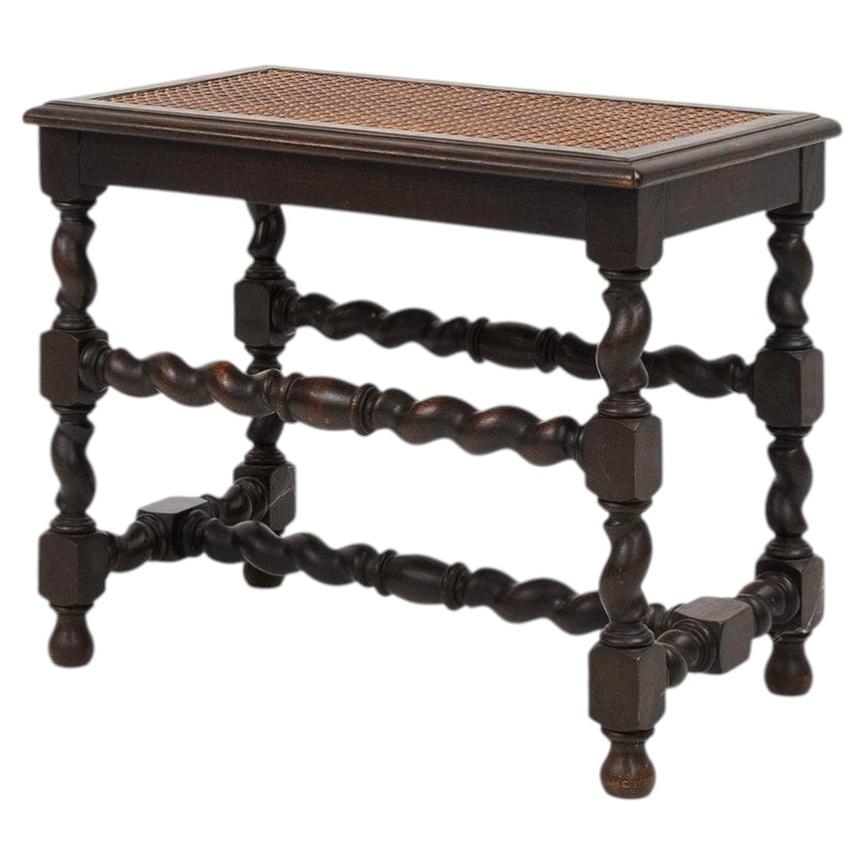 Antique French wooden stool with rattan top, ca. 1880 For Sale