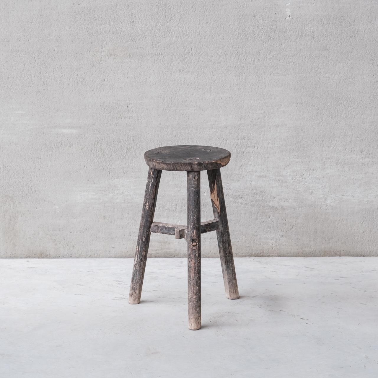 An antique side table or stool of primtive form. 

France, c1930s. 

Stained wood likely pine. 

Age, scuffs and wear commensurate with age, but this stool gives a lovely primitive wabi-sabi esque appeal. 

Location: Belgium Gallery.