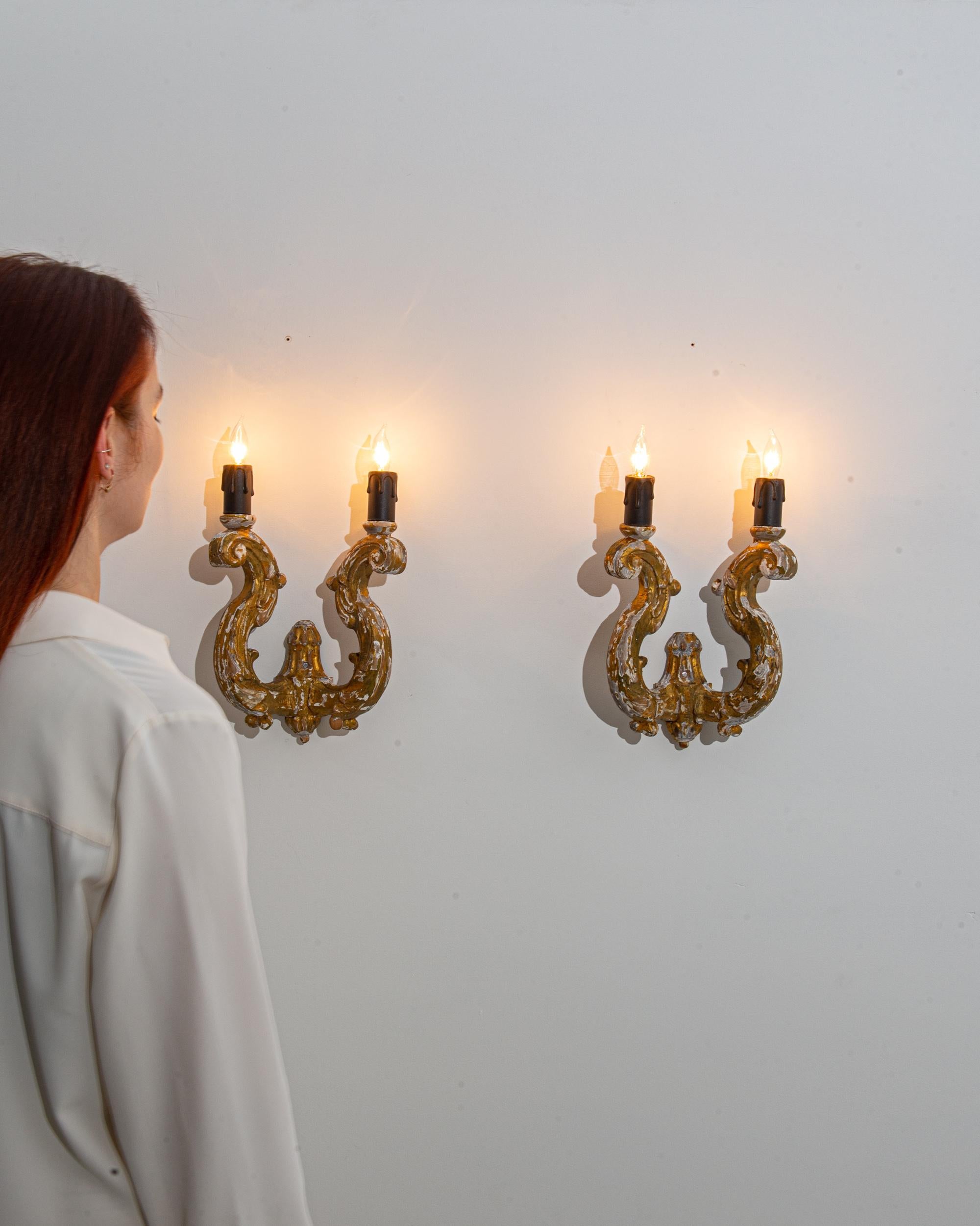 Antique French Wooden Wall Sconces, a Pair In Good Condition In High Point, NC