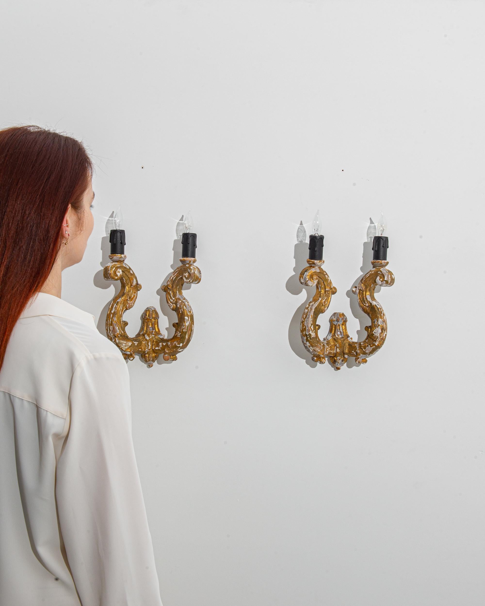 Early 20th Century Antique French Wooden Wall Sconces, a Pair