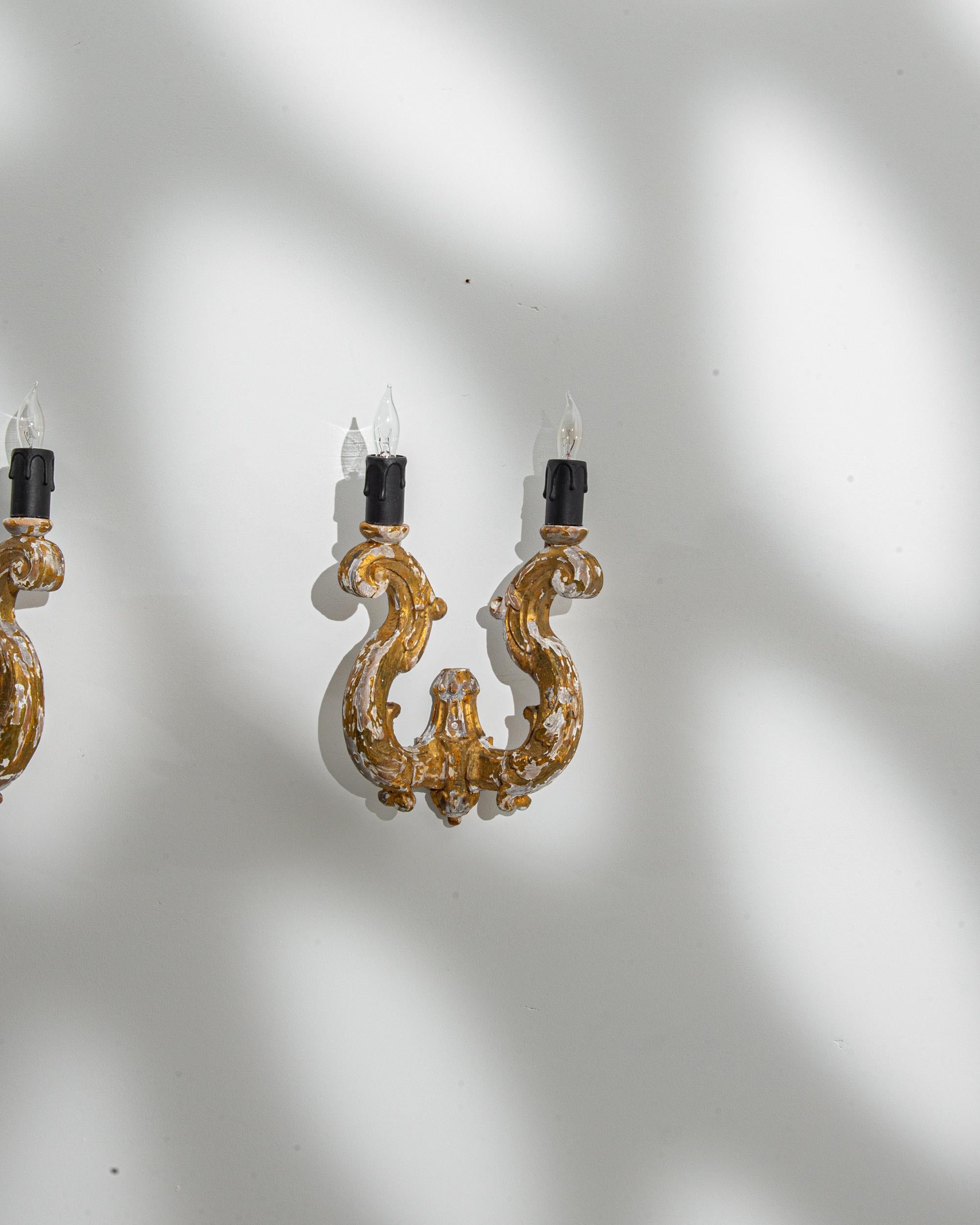 Giltwood Antique French Wooden Wall Sconces, a Pair