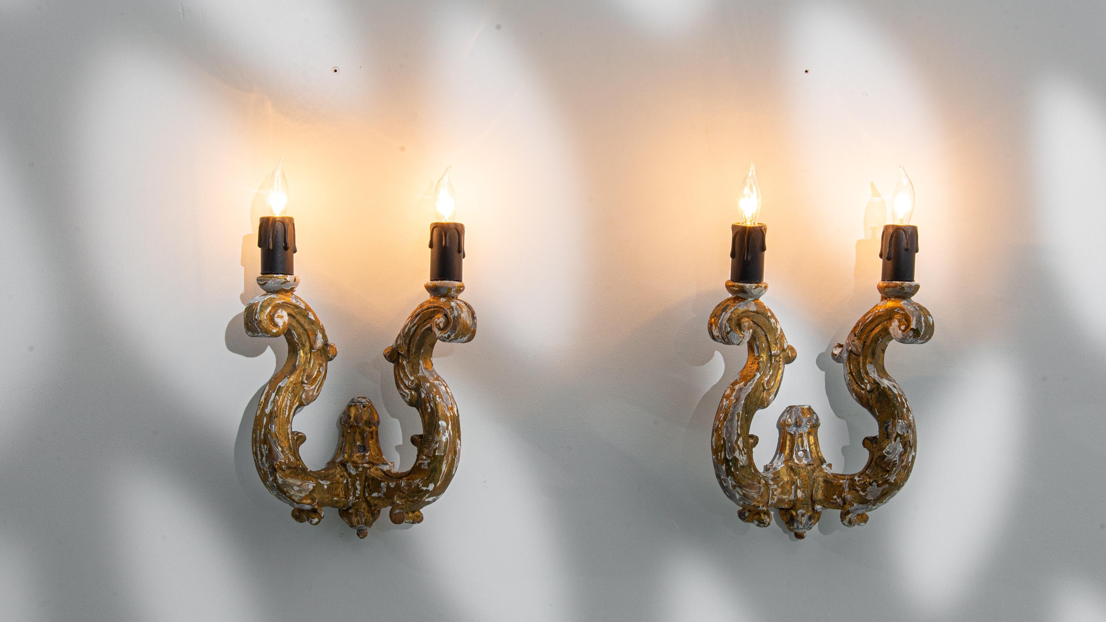 Antique French Wooden Wall Sconces, a Pair 2