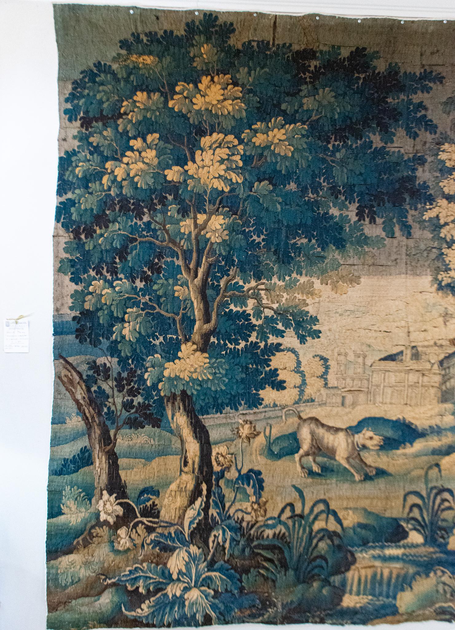 Antique French wool Aubusson tapestry. Canvas backed.