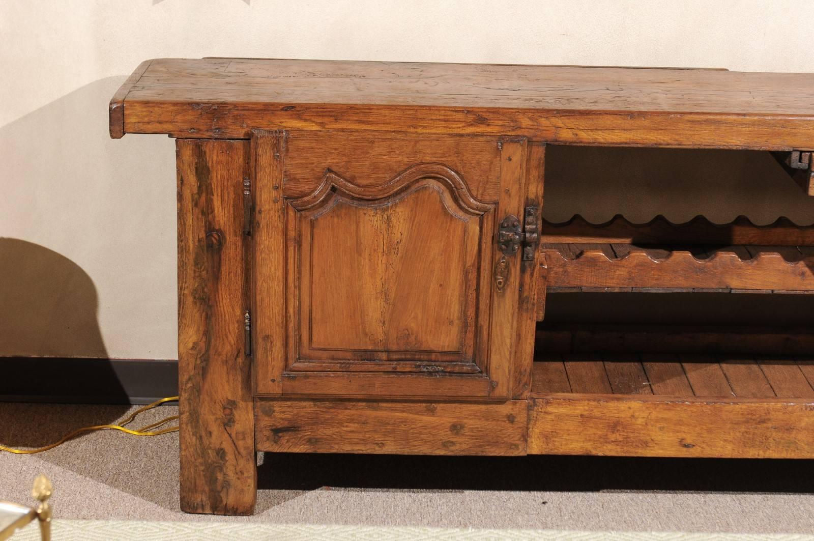Hand-Crafted Antique French Work Bench with Wine Rack and Cabinet, circa 1860 For Sale