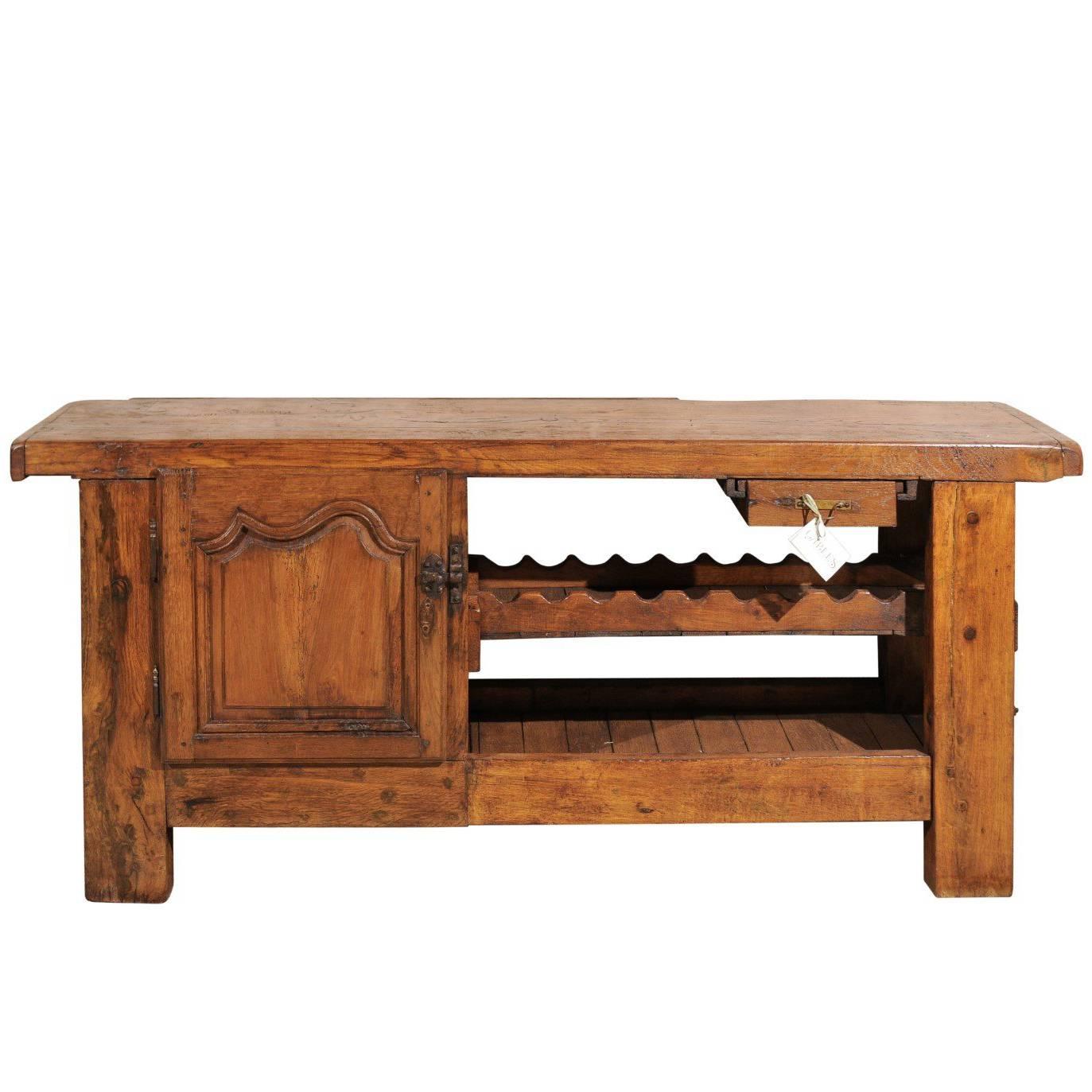 Antique French Work Bench with Wine Rack and Cabinet, circa 1860 For Sale