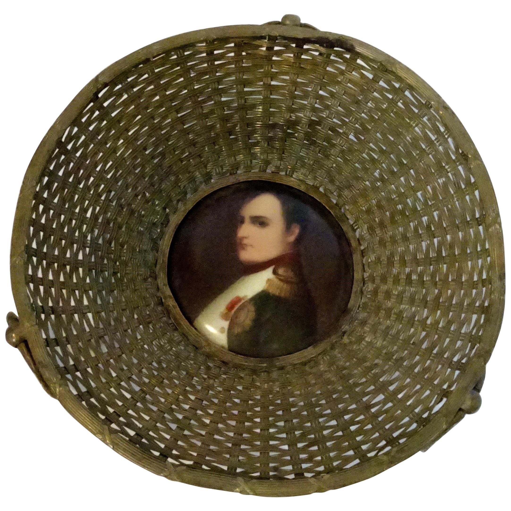 Antique French Woven Basket with Portrait of Napoleon For Sale