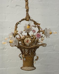 Antique French Woven Bronze Flower Basket Pendant with Glass & Porcelain Flowers