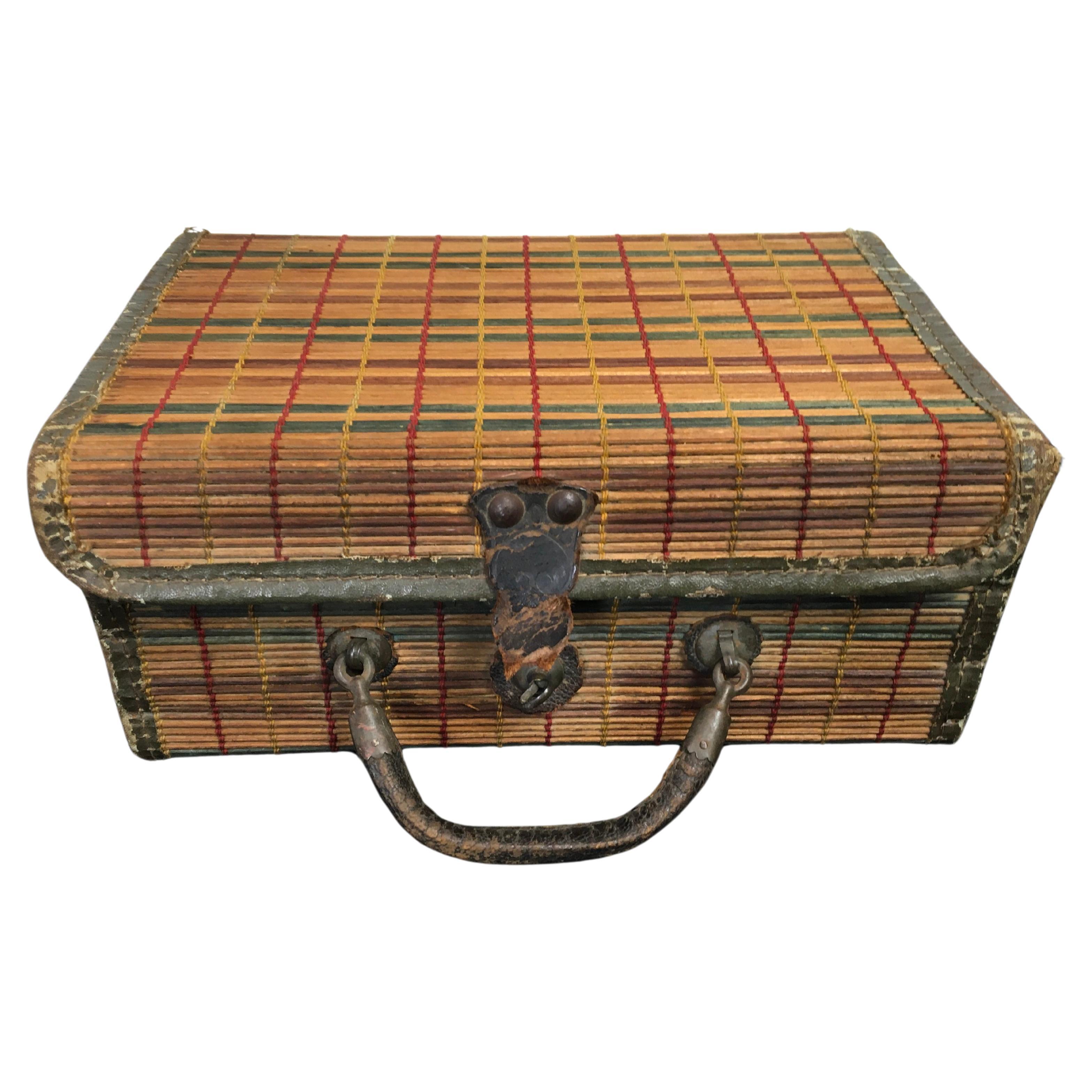 Antique French Woven Colored Wicker Suitcase, basket  For Sale