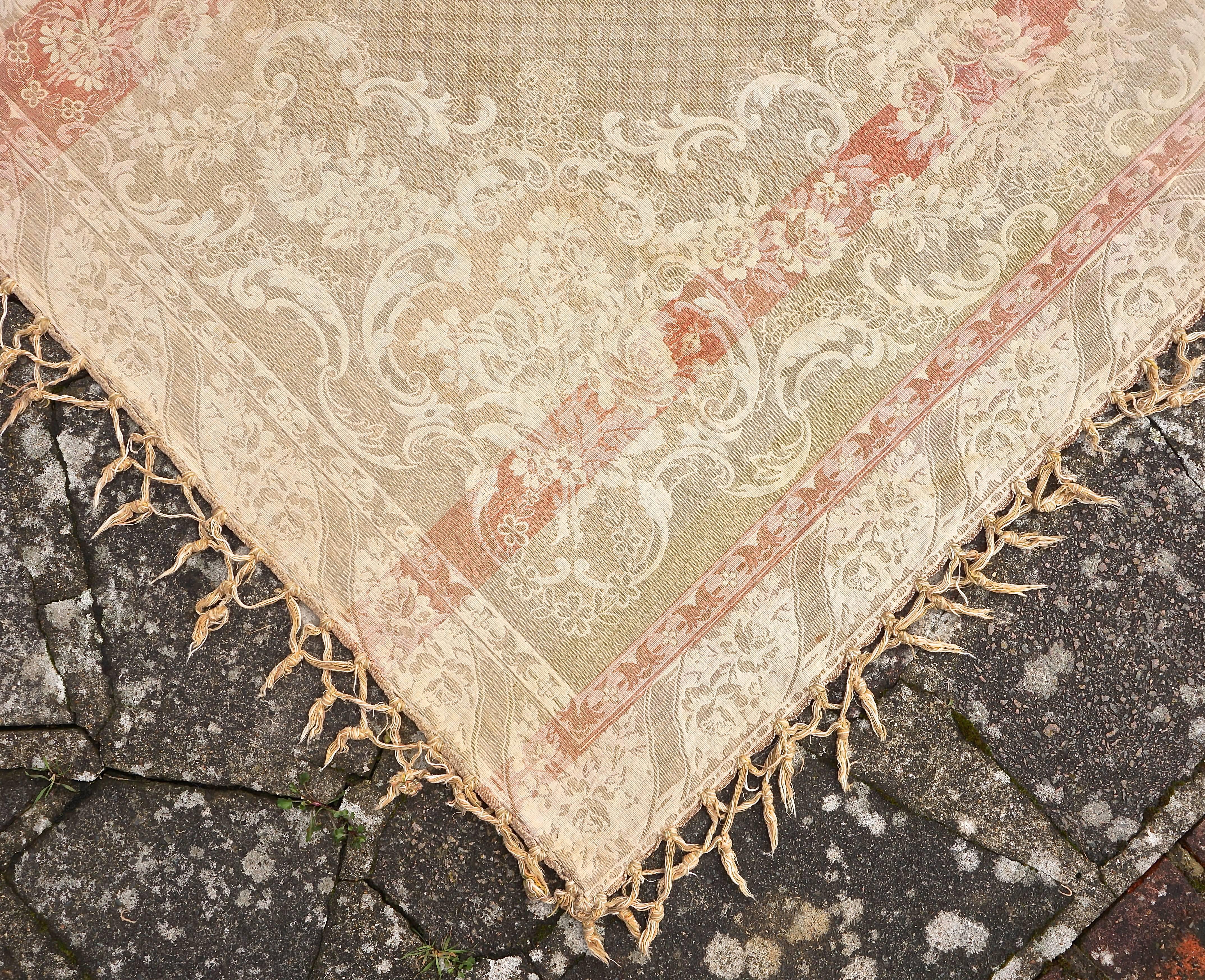 Antique French Woven Tapestry Floral Fringed Cotton Rug Throw in Pastel Shades 1