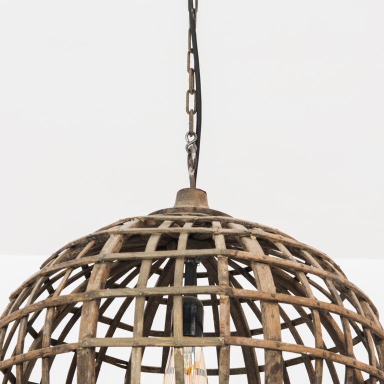 Rustic Antique French Woven Wooden Pendant For Sale