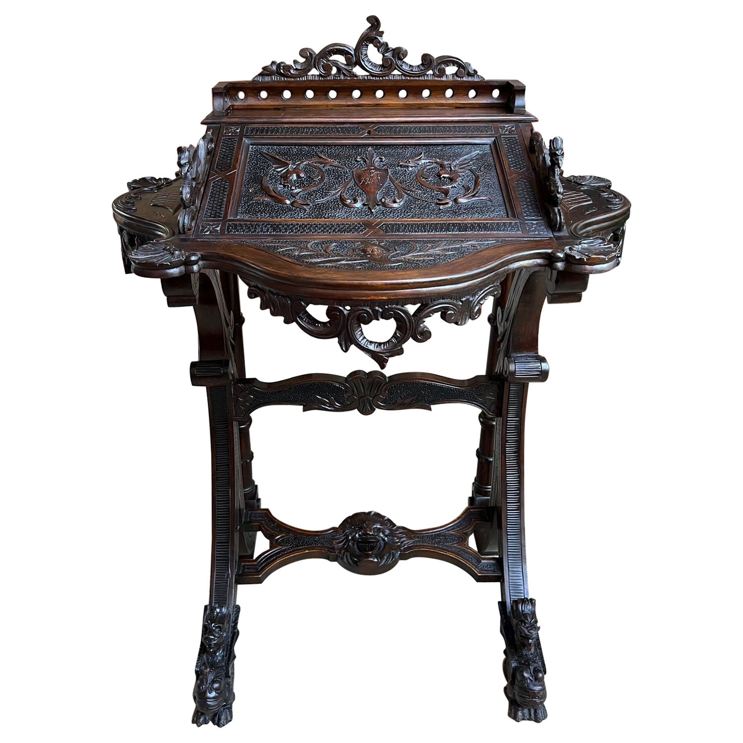 Antique French Writing Desk Secretary Louis XV Carved Oak Renaissance c1890