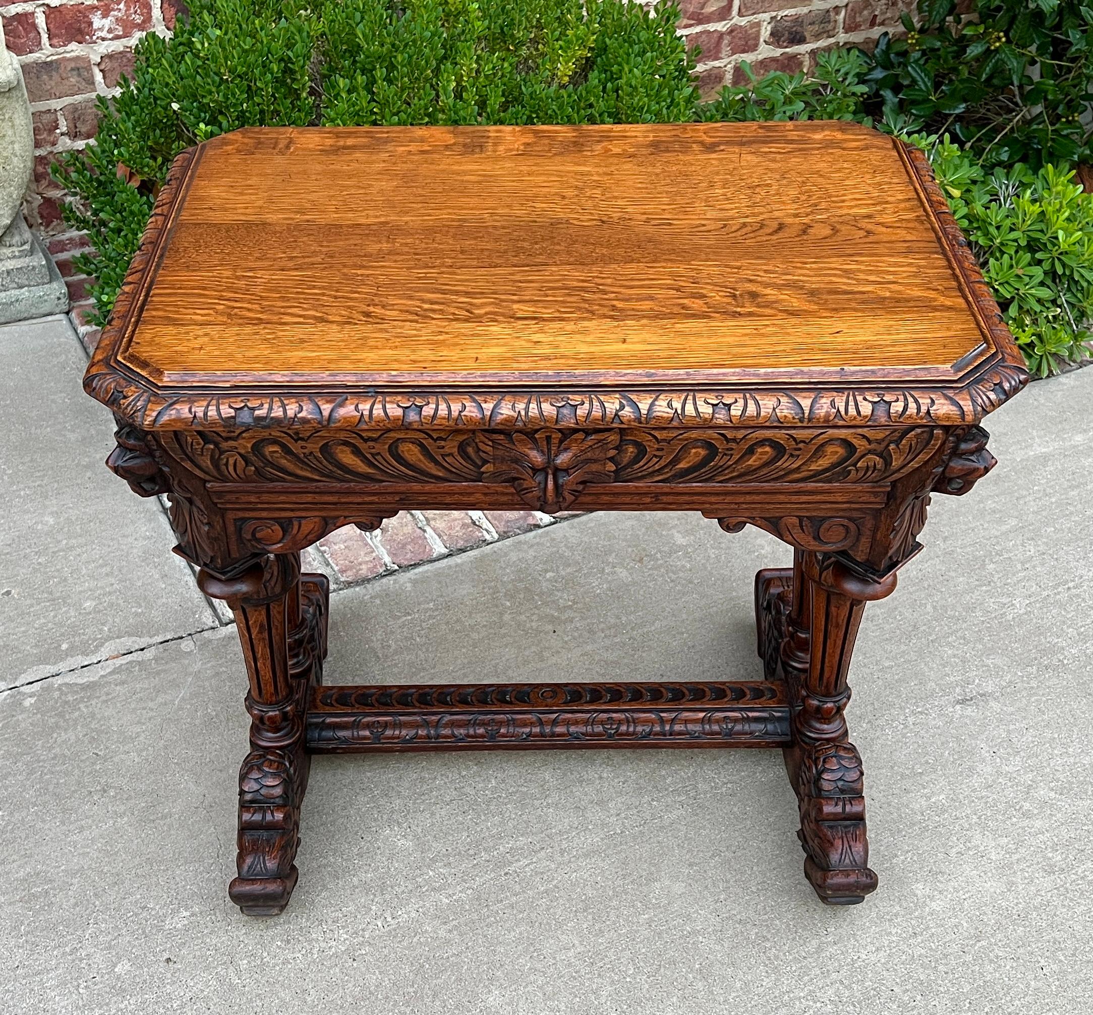 Antique French Writing Desk Table Renaissance Revival Dolphin Carved Oak Petite For Sale 7
