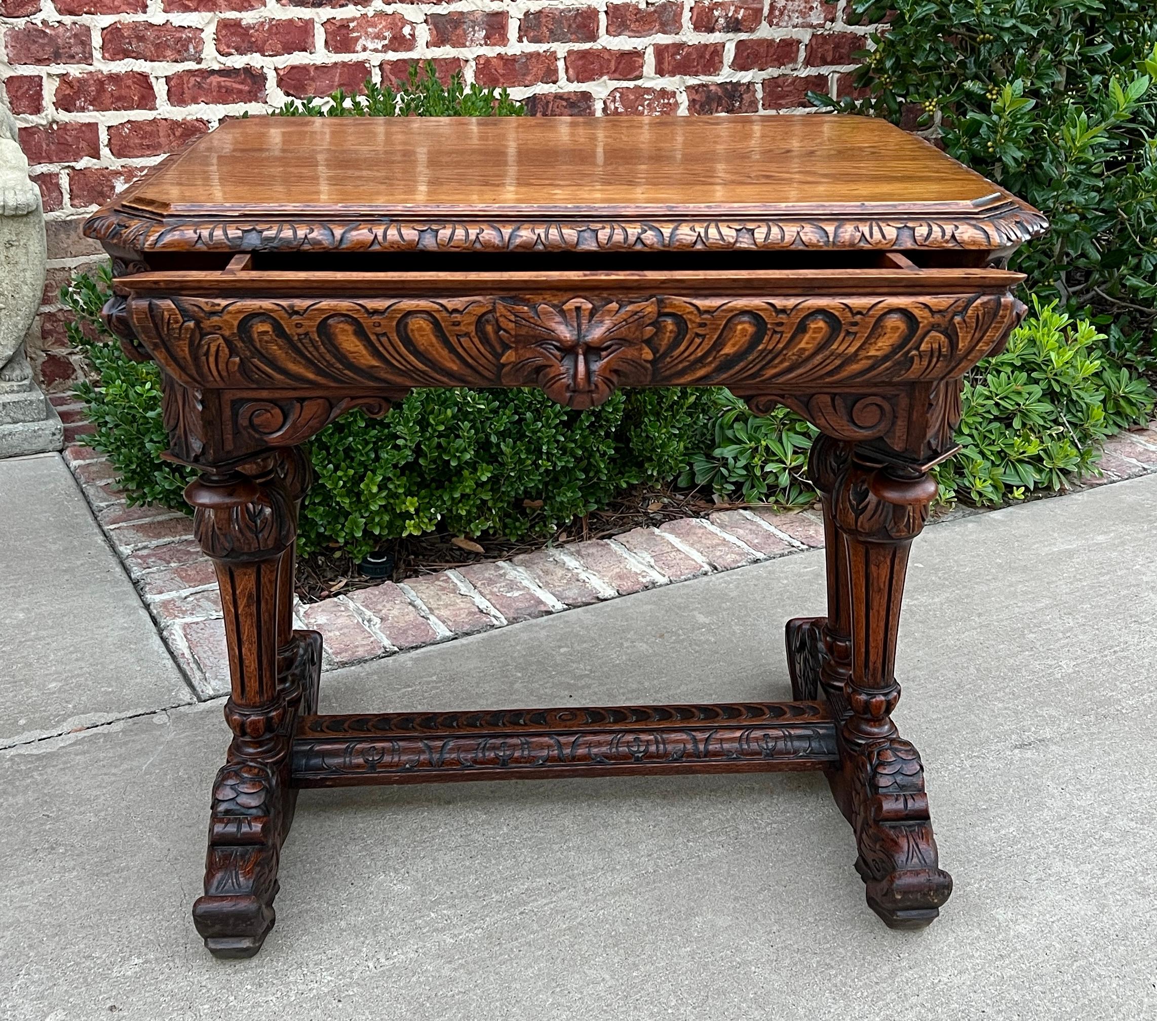 Antique French Writing Desk Table Renaissance Revival Dolphin Carved Oak Petite For Sale 8