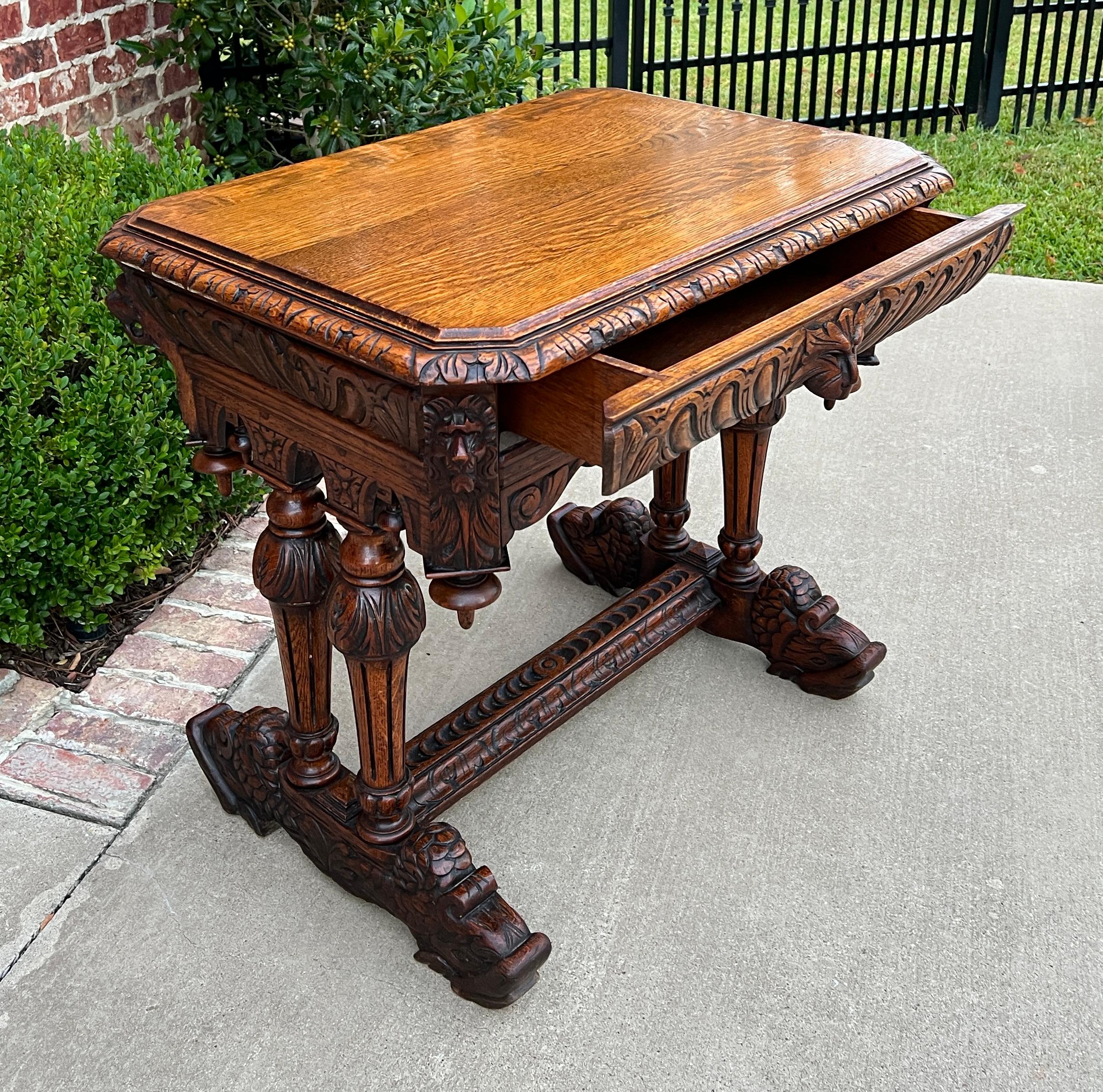 Antique French Writing Desk Table Renaissance Revival Dolphin Carved Oak Petite For Sale 9