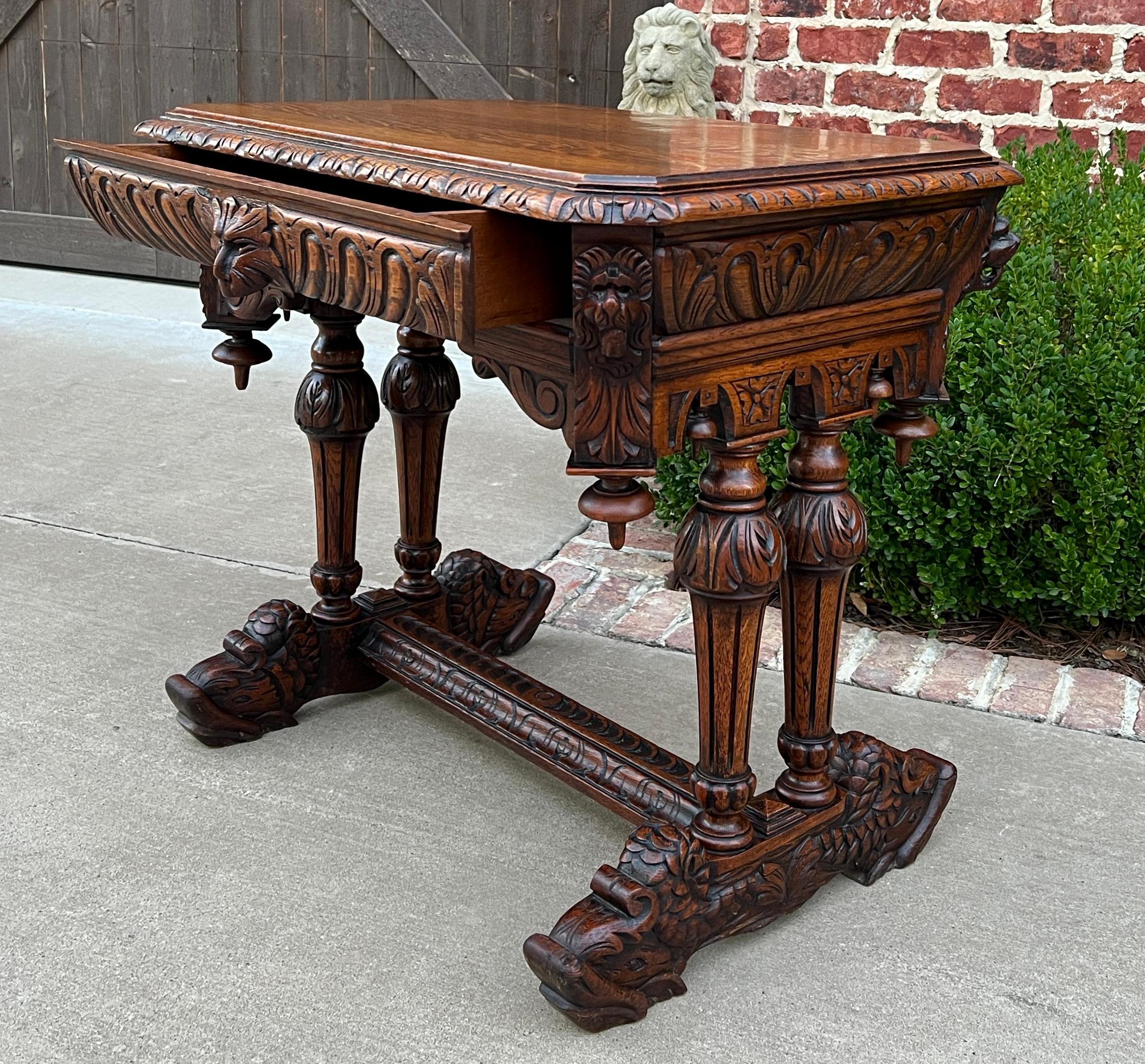 Antique French Writing Desk Table Renaissance Revival Dolphin Carved Oak Petite For Sale 10