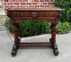 Antique French Writing Desk Table Renaissance Revival Dolphin Carved Oak Petite