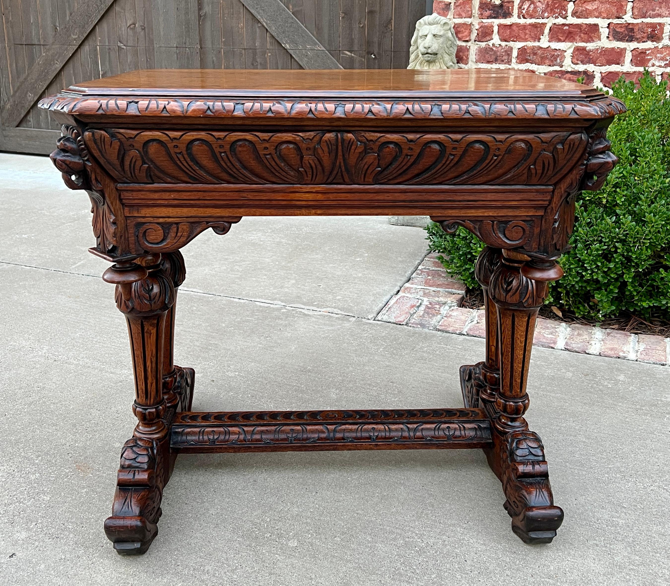 Antique French Writing Desk Table Renaissance Revival Dolphin Carved Oak Petite For Sale 16