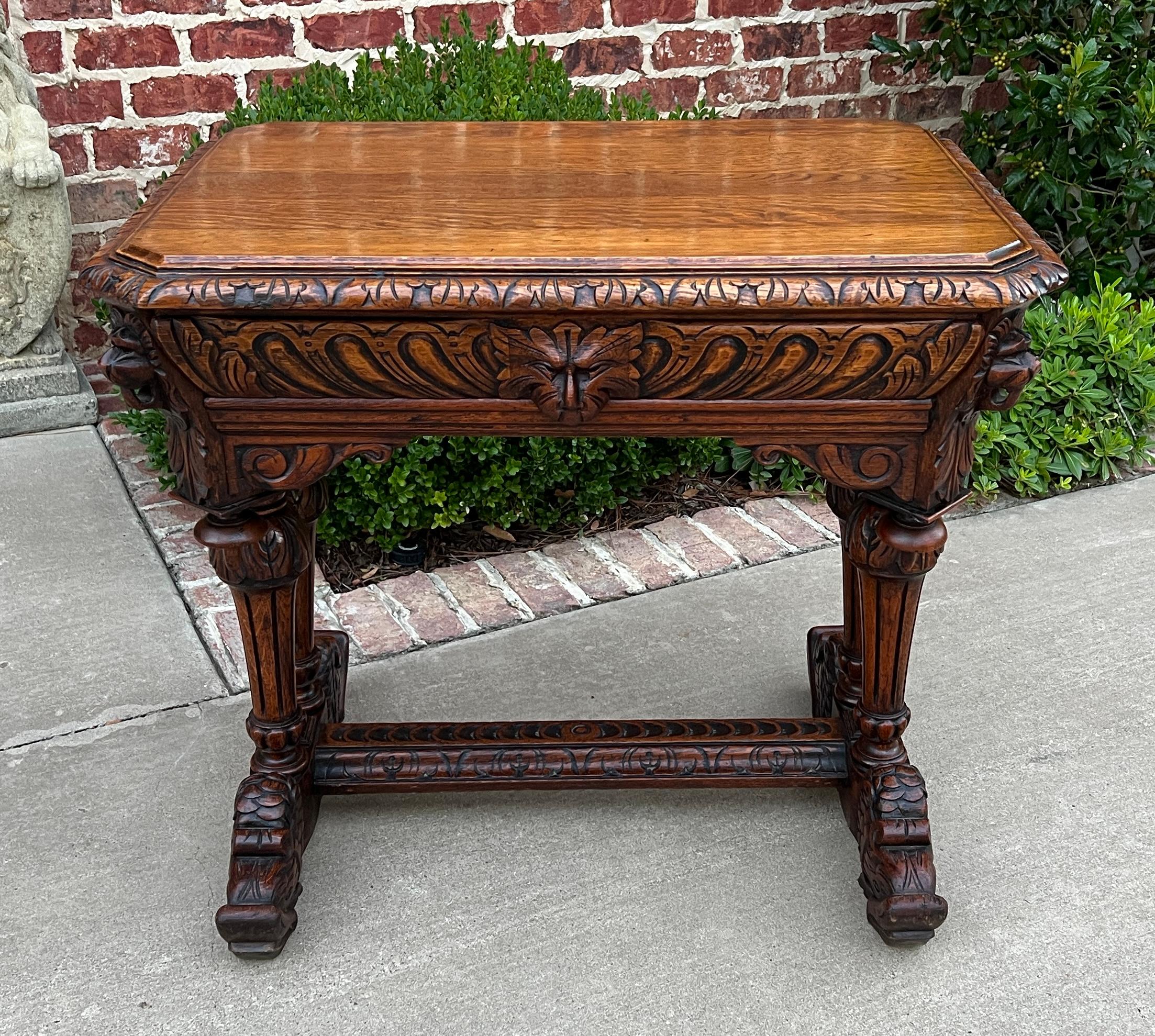 Antique French Writing Desk Table Renaissance Revival Dolphin Carved Oak Petite In Good Condition For Sale In Tyler, TX