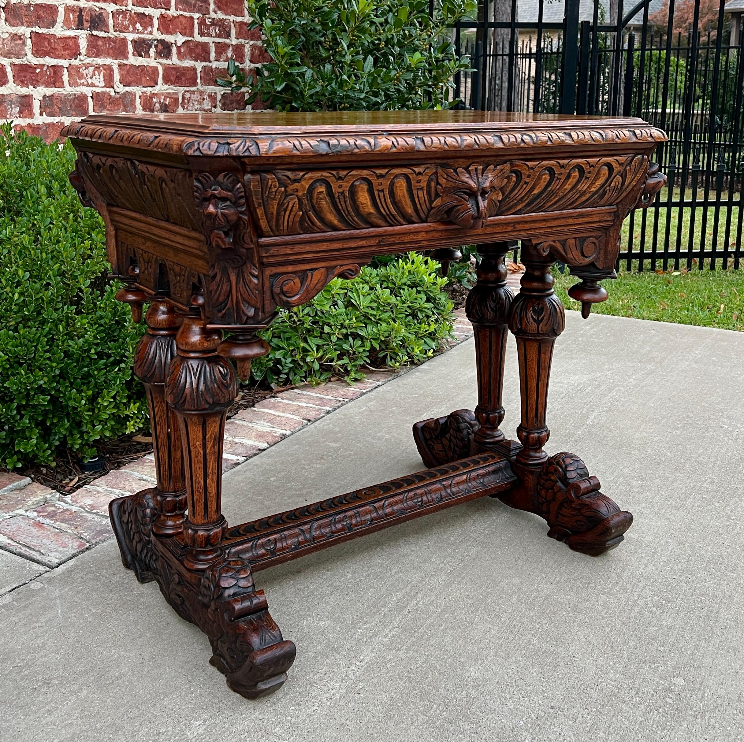 Late 19th Century Antique French Writing Desk Table Renaissance Revival Dolphin Carved Oak Petite For Sale