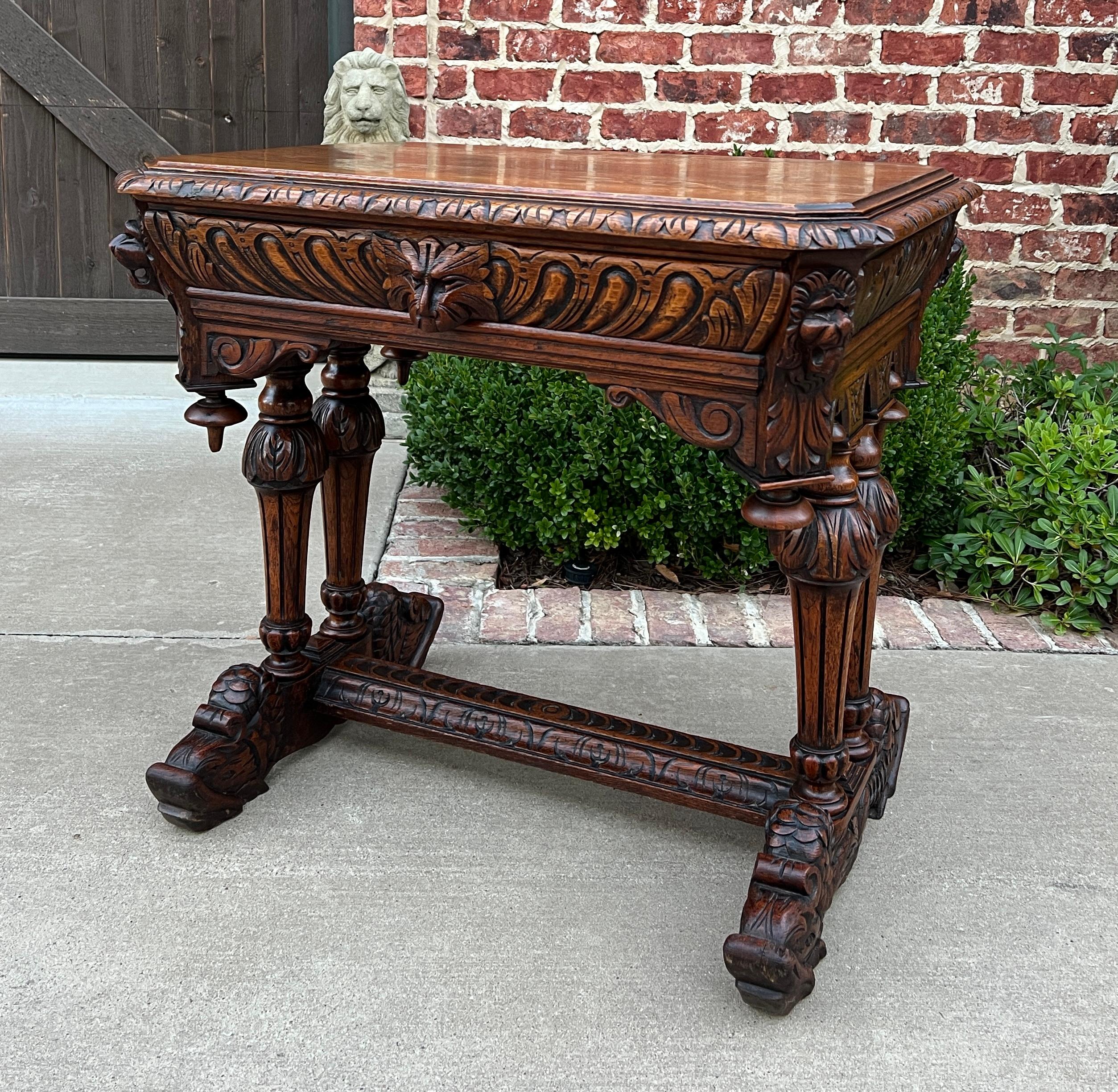 Antique French Writing Desk Table Renaissance Revival Dolphin Carved Oak Petite For Sale 2