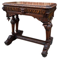 Antique French Writing Desk Table Renaissance Revival Dolphin Carved Oak Petite