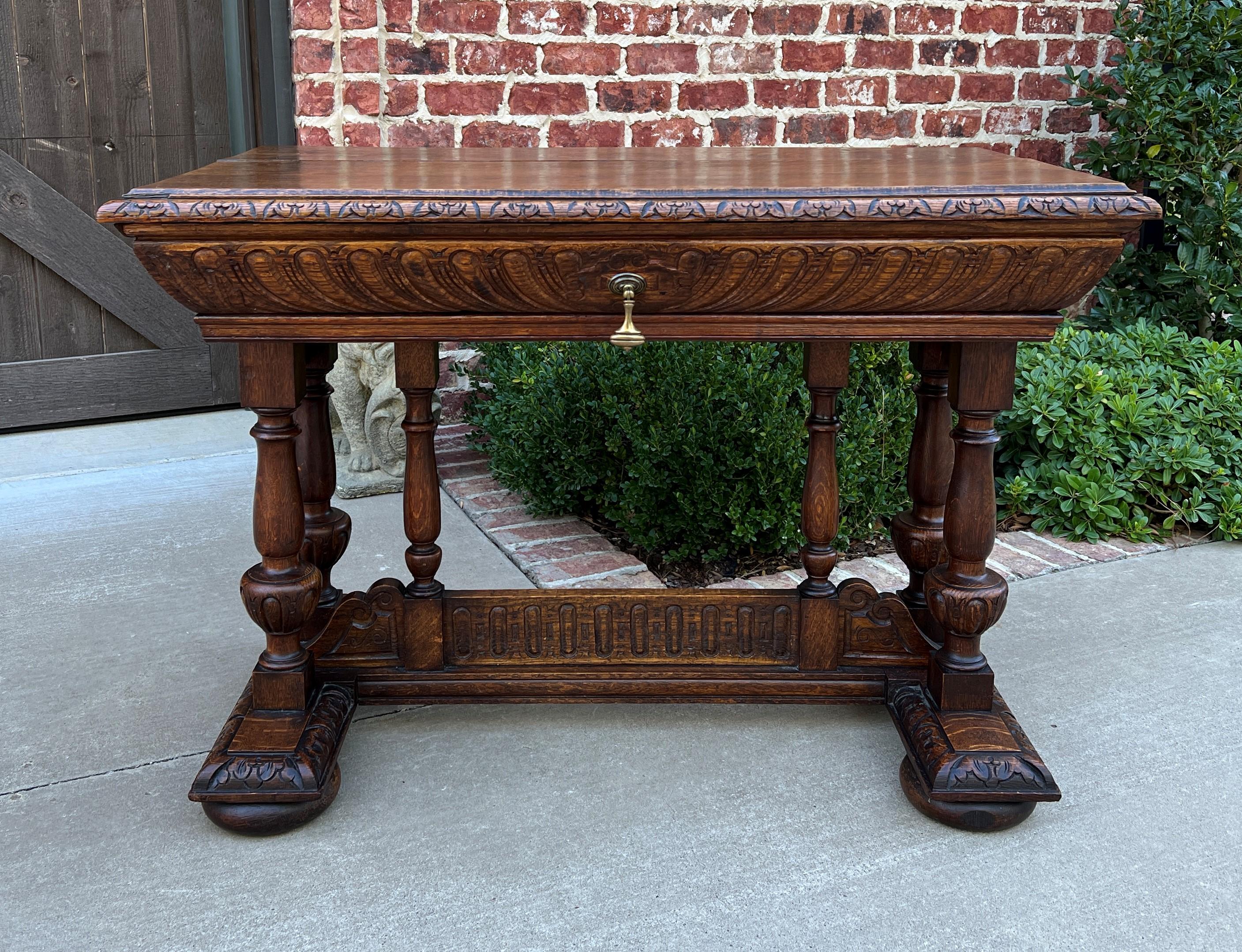 Antique French Writing Desk Table Renaissance Revival Dolphin Style Carved Oak For Sale 8
