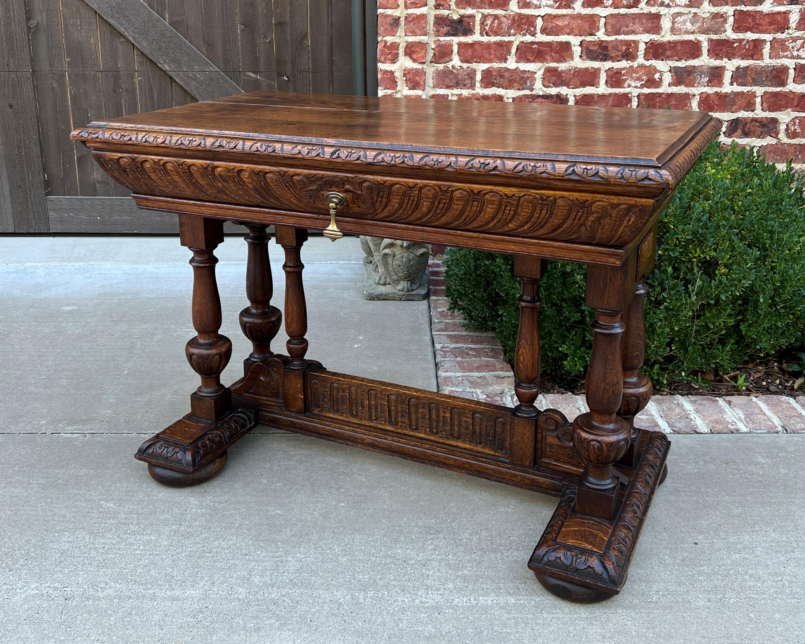 Antique French Writing Desk Table Renaissance Revival Dolphin Style Carved Oak For Sale 9